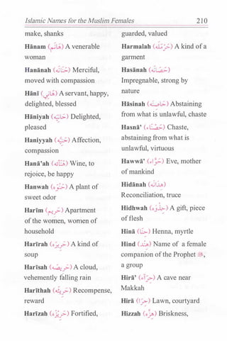 Islamic Names for the Muslim Females 2 1 0
make, shanks
Hanam (�LA)A venerable
woman
Hananah (.SC;:.) Merciful,
moved with compassion
Bani (�LA)Aservant, happy,
delighted, blessed
Haniyah (...;;[.;.) Delighted,
pleased
Haniyyah (�) Affection,
compassiOn
Hana'ah (.GG) Wine, to
rejoice, be happy
Hanwah (o_;:;) A plant of
sweet odor
Harim C�?) Apartment
ofthe women, wonien of
household
Harirah (o:r..?) A kind of
soup
Harisah (..:A:?) A cloud,
vehemently falling rain
Harithah (�?) Recompense,
reward
Harizah (o�?) Fortified,
guarded, valued
Harmalah (.u;;_?-) A kind ofa
garment
Hasanah (.S�)
Impregnable, strong by
nature
Hasinah (�[.;.) Abstaining
from what is unlawful, chaste
Hasna' (..�) Chaste,
abstaining fromwhat is
unlawful, virtuous
Hawwa' (..1;;.) Eve, mother
ofmankind
Hidanah (oil�),
Reconciliation, truce
'
Hidhwah (o)..i.>-) A gift, piece
offlesh
Hina (�) Henna, myrtle
Hind (..0,) Name of a female
companion ofthe Prophet�'
a group
Hira' (..T.:1:-) A cave near
Makkah
Hira (l_:i:-) Lawn, courtyard
Hizzah (o�) Briskness,
 