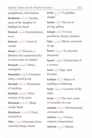 Islamic Names for the Muslim Females 2 1 1
sprightliness, cheerfulness
Hudhafah (�1.l;.)Facility,
name ofthe daughter of
Halimah Sa'diyah
Hudnah (��) Reconciliation,
truce
Hudrah (o��) Aherd of
camels
Burna (�) Phoenix, a
fabulous bird supposed lucky
to come under its shadow
Humsah (�) Honor,
courageous
Hunaidah (o.:(-�) A hundred
years, a small group
Husalah (.JG) Remainder
ofanything,
Husalah c.J�) What
remains ofthe grain
Husamah (�G) Sharp
sword, blade
Husbanah (��) Cloud,
thunderbolt
'Iffat (�) Abstinence from
unlawful things, chaste
Ifrah Cc1J�) To gladden,
delight
Inalah c.JC1) The act of�
giving, gifting
Inaqah (�L1)To have
goodliness, beauty, pleasure
'lnas (i.J""�) Mirror, advanced
m age
'lnasa' (L.:.�1)To entertain
pleasantly
'lqsah (�) Twisted lock of
a woman
Iram (i��) Sign, cairn
Paradise
Irathah (....;1�1) Means of
kindling or inflaming
'lsjah (�) Aportion ofthe
night
'Itrah Co.J:) The stem, stock
or branches ofa tree
Jabalah (.J�) Tall structured,
elevated, lofty
�
Jabilah (�) Nature,
original, temperament
Jabirah (o�) Splints,
 