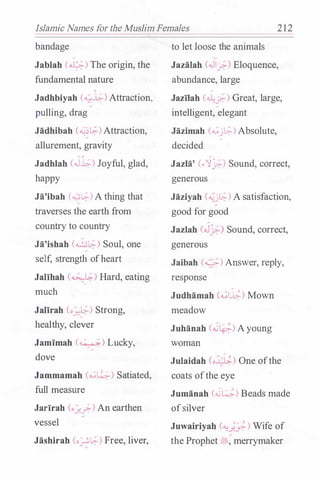 Islamic Names for the Muslim Females 2 1 2
bandage
Jablah (�) The origin, the
fundamental nature
,
Jadhbiyah (-0.�) Attraction,
pulling, drag
Jadhibah (��L,;.)Attraction,
allurement, gravity
Jadhlah (J�) Joyful, glad,
happy
Ja'ibah (-0�) A thing that
traverses the earth from
country to country
Ja'ishah (�L,;.) Soul, one
self, strength ofheart
Jalihah (�L,;.) Hard, eating�
much
Jalirah (o�) Strong,
healthy, clever
Jamimah (�) Lucky,
dove
Jammamah (...;�) Satiated,
full measure
Jarirah (o_:;:?.) An earthen
vessel
Jashirah (of3'l.:;-) Free, liver,
to let loose the animals
��
Jazalah (JJ_;..) Eloquence,
abundance, large
�
Jazilah (�_;...) Great, large,
intelligent, elegant
Jazimah (...;jb.) Absolute,�
decided
Jazla' (..''1j::;-) Sound, correct,
generous
Jaziyah C..;jl.:;-) A satisfaction,
good for good
Jazlah (Jj::;-) Sound, correct,
generous
Jaibah (�) Answer, reply,
response
Judhamah (..;li,;.) Mown
meadow
Juhanah C�lP.-) Ayoung
woman
Julaidah (o�L:;.) One ofthe
coats ofthe eye
Jumanah (��) Beads made
ofsilver
Juwairiyah ("-!__���) Wife of
the Prophet -.-:;, merrymaker
 