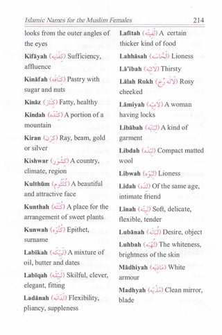 Islamic Names for the Muslim Females 2 1 4
looks from the outer angles of
the eyes
Kifiiyah (�L�.S) Sufficiency,
affluence
Kinafah (�8)Pastry with
sugar and nuts
Kinaz (jLS) Fatty, healthy
Kindah (o.:i.:S') A portion ofa
mountain
Kiran C.J�) Ray, beam, gold
or silver
Kishwar (.J�)A country,
climate, region
,, ,
Kulthfim (ijJS) A beautiful
and attractive face
�, ,
Kunthah (cl) A place for the
arrangement ofsweet plants
,
Kunwah (o..JS) Epithet,
surname
Lablkah (o:;)) A mixture of
oil, butter and dates
Lablqah (.j;J) Skilful, clever,
elegant, fitting
Ladanah (.G'!JJ) Flexibility,
pliancy, suppleness
Lafitah (�) A certain�
thicker kind offood
Lahhasah (....:::,�) Lioness
�
La'ibah (�'J) Thirsty
Lalah Rukh (t� J'h Rosy
cheeked
�
Lamiyah (.._;..,'J) A woman
having locks
Libabah (��L;J) A kind of
garment
Libdah (o�) Compact matted
wool
Libwah (o�) Lioness
Lidah (oJJ) Ofthe same age,
intimate friend
Llnah C4) Soft, delicate,
flexible, tender
� ,
Lubanah (.,.;L;J) Desire, object
,
Luhbah (.y.l) The whiteness,
brightness ofthe skin
Madhiyah ("-:!�[;) White
armour
'
Madhyah C"-:!.L) Clean mirror,
blade
 