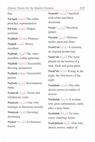 Islamic Names for the Muslim Females 2 1 9
fine
Na'iqah (��) The caller,
preacher, representative
Na'isah C�C) Helper,
assistant
Najahah (.,;:.L:;S) Patience
Najdah (o�) Brave,
excellent
Najibah (�) The most
excellent, noble, generous
Najihah C�C) Successful,
thriving, prosperous
Najihah (�) Successful,
patient
Najizah (o�) Recompense,
ready
Namirah (o�) Sweet and
wholesome water
Namisah C�C) One who
indulges in discourse secretly
Namiyah C�C) Growing,
increasing
Namsa' (.,_�) An Intimate
friend
Namsha' (�I:�) Specked
with white and black,
decorated
Narjis (�j) Narcissus
(plant)
Narmin (�j) Delicate,
tender, pure and clean
Nasha'ah (o�G) Acreation,
an original production
Nashi'ah (a�_<) The stone
placed on the bottom ofa
tank, fresh and green plant
Nashi'ah (..i.;.C) Rising in the
night, the first hours ofthe
night
Nashibah C�C) One who
shoots arrows ormaker of
arrows
Nashidah (o.i.:.C) A woman
who gives information, seeks
after a stray beast
Nashidah (oJ_<) To raise
voice, chanting, hymn
Nashshabah (�Lt) One who
shoots arrows, maker of
 