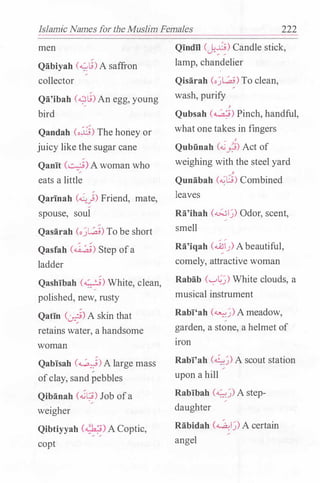 Islamk Names for the Muslim Females 222
men
Qabiyah (4.L9) A saffron
collector
Qa'ibah (�L9) An egg, young
bird
Qandah (o.J..j) The honey or
juicy like the sugar cane
Qanit (.- _·;)Awoman who
eats a little
Qarinah (�j) Friend, mate,
spouse, soul
Qasarah (o}.�)To be short
Qasfah (�) Step ofa
ladder
Qashibah (�) White clean. .. ....
' '
polished, new, rusty
Qatin CuJ)A skin that
retains water, a handsome
woman
Qabisah (�)Alarge mass
ofclay, sandpebbles
Qibanah c-it;;) Job ofa
weigher
Qibtiyyah (·����)ACoptic,
copt
Qindil (._k�) Candle stick,
lamp, chandelier
Qisarah (o��)To clean,
wash, purify
;
Qubsah (�) Pinch, handful,
what one takes in fingers
�
;
Qubiinah (�P,) Act of
weighing with the steel yard
/
Qunabah (�i_j) Combined
leaves
Ra'ihah (�I�) Odor scent
�
' '
smell
Ra'iqah (�l.J)Abeautiful,
comely, attractive woman
Rabab ('-:-'��) White clouds, a
musical instrument
Rabi'ah (�_))Ameadow,
. garden, a st�ne, a helmet of
lfOn
Rabi'ah (��) A scout station
upon a hill
Rabibah (�_))Astep­
daughter �
Rabidah (�I�)A certain
angel
 