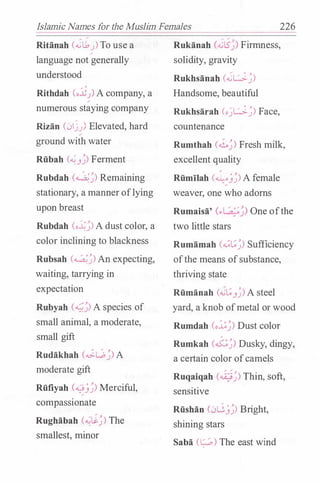 Islamic Names for the Muslim Females 226
RiHinah (,G"U,) To use a
language not generally
understood
Rithdah (o.:iJ) A company, a
numerous staying company
Rizan (.Jij_) Elevated, hard
ground with water
Riibah (�_,�) Ferment
Rubdah (��) Remaining
stationary, a manneroflying
upon breast
Rubdah (o��) A dust color, a
color inclining to blackness
Rubsah (��) An expecting,
waiting, tarrying in
expectation
Rubyah (��) A species of
small animal, a moderate,
small gift
Rudakhah (.;_L.,b�) A
moderate gift
Riifiyah {�.J�) Merciful,
compassionate
Rughabah (�Li�) The
smallest, minor
� � -' .
Rukanah (�l5_) Firmness,
solidity, gravity
Rukhsanah (,G"��)
Handsome, beautiful
Rukhsarah (o���) Face,
countenance
Rumthah (.i.�) Fresh milk,
excellent quality
RiimTiah (�.J�) A female
weaver, one who adorns
Rumaisa' (�I-;,���) One ofthe
two little stars
Rumamah (.,_;t;�) Sufficiency
ofthe means ofsubstance,
thriving state
Riimanah (,G"t;_,�) A steel
yard, a knob ofmetal or wood
Rumdah (o .:i.;�) Dust color
Rumkah (��) Dusky, dingy,
a certain color ofcamels
Ruqaiqah (��) Thin, soft,
sensitive
Riishan (.JG.J�) Bright,
shining stars
Saba (�) The east wind
 