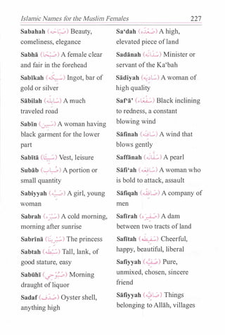 Islamic Names for the Muslim Females 227
Sabahah (��) Beauty,
comeliness, elegance
Sabha (�) A female clear
and fair in the forehead
/
Sabikah (�) Ingot, bar of
gold or silver
Sabilah (�L.::.) Amuch
traveled road
Sabin (�) A woman having
black garment for the lower
part
Sabita (1�•
. �.) Vest, leisure
Subab ('--:-'�) Aportion or
small quantity
Sabiyyah (��._;,) A girl, young
woman
Sabrah (o_:;.;..::.) A cold morning,
morning after sunrise
Sabrina (�_;..::.) The princess
/
Sabtah (�) Tall, lank, of
good stature, easy
Sabfihi (r..f';�) Morning
draught ofliquor
Sadaf (.....;.i;,) Oyster shell,
anything high
Sa'dah (o�) A high,
elevated piece ofland
Sadanah (.G'i.i::,) Minister or
servant ofthe Ka'bah
Sadiyah (��L.::.) Awoman of
high quality
Saf'a' (,.t;l:) Black inclining
to redness, a constant
blowing wind
Safinah (�L.::.) A wind that
blows gently
Saflanah (.GLi::.)A pearl
Safi'ah (wL.::.) Awoman who
is bold to attack, assault
Safiqah (�L.;,) A company of
men
Safirah (o/......;..:;,) A damJ-
between two tracts ofland
/
Safitah (�) Cheerful,
happy, beautiful, liberal
Safiyyah (·�,;:..) Pure,
unmixed, chosen, sincere
friend
Safiyyah (�L.:,) Things
belonging to Allah, villages
 