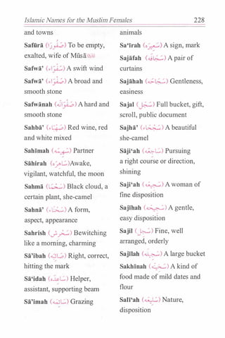 Islamic Names for the Muslim Females 228
and towns
}
Saffira (I��) To be empty,
exalted, wife ofMusa�
'
Safwa' (.-1�) A swift wind
Safwa' (.-1;...:,) Abroad and
smooth stone
Safwanah (....;1;...:,) Ahard and
smooth stone
Sahba' (.-y) Red wine, red
and white mixed
Sahimah (�) Partner
Sahirah (o%G)Awake,
vigilant, watchful, the moon
Sahma (�) Black cloud, a
certain plant, she-camel
Sahna' (.,.G..::,) A form,
aspect, appearance
Sahrish (._;._;.._:.,) Bewitching
like a mom!ng, charming
Sa'ibah (�L..;.) Right, correct,
hitting the mark
Sa'idah (o.l_yG) Helper,
assistant, supporting beam
Sa'imah (�G) Grazing
animals
Sa'irah (o.:;._:�.) A sign, mark
Sajafah (ojL.:;..,::,) Apair of
curtains
Sajahah (...;.L.:;..,::,) Gentleness,
easmess
Sajal CF) Full bucket, gift,
scroll, public document
Sajha' (..�) Abeautiful
she-camel
Saji'ah (�G) Pursuing
a right course or direction,
shining
Saji'ah (�) Awoman of�
fme disposition
Sajihah (�) A gentle,
easy disposition
Sajil (�) Fine, well
arranged, orderly
�
Sajilah (�) A large bucket
Sakhinah (�) A kind of�
food made ofmild dates and
flour
Sali'ah (�) Nature,
disposition
 