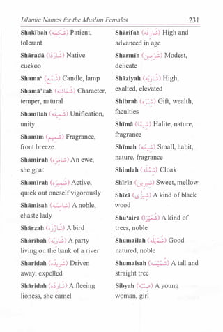 Islamic Names for the Muslim Females 23 1
Shakibah (�) Patient,
tolerant
Sharada (I;�G) Native
cuckoo
Shama' (�) Candle, lamp
Shama'ilah (��) Character,
temper, natural
ShamTiah (�) Unification,
unity
Shamim (1•_�;) Fragrance,
front breeze
Shamirah (o�L:.) An ewe,
she goat
Shamirah (o_:;._��.) Active,
quick out oneselfvigorously
Shamisah (�L:.) A noble,
chaste lady
Sharzah (oj�G) Abird
Sharibah (�.JG) A party
living on the bank ofa river
Sharidah Coi:.).> Driven
away, expelled
Sharidah (o;}j) A fleeing
lioness, she camel
Sharifah (.i.J G) High and
advanced in age
Sharmin (:.��) Modest,
delicate
Shaziyah (�jG) High,
exalted, elevated
Shibrah (o-2) Gift, wealth,
faculties
Shima (�) Halite, nature,
fragrance
Shimah (�) Small, habit,
nature, fragrance
Shimlah (�) Cloak
Shirin (LT-�) Sweet, mellow
� �
Shiza (-s�) A kind ofblack
wood
�
Shu'aira (1_:;.:; 7,) A kind of
trees, noble
�
�
Shumailah (�) Good
natured, noble
�
Shumaisah (• �:� :.) A tall and
straight tree
Sibyah (...;.,o) Ayoung
woman, girl
 