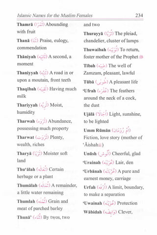Islamic Names for the Muslim Females 234
Thamra (_rj) Abounding
with fruit
Thana (8) Praise, eulogy,
commendation
Thaniyah (...;£) A second, a
moment
Thaniyyah (?I) A road in or�
upon a moutain, front teeth
Thaqibah (�) Having much
milk
Thariyyah c.::_)) Moist,
humidity
Tharwah (o.)j) Abundance,
possessing much property
Tharwat (..:;.....))) Plenty,
wealth, riches
Tharya (�'j) Moister soft
land
, '
Thu'alah (.J�) Certain
herbage or a plant
, '
Thumalah (.J�) A remainder,
a little water remaining
� '
Thumlah (�) Grain and
meat ofparched barley
Thuna' (,.(f> By twos, two
and two
/ ' .
Thurayya (�)) The plemd,
chandelier, cluster oflamps
'
Thuwaibah (�}") To return,
foster mother ofthe Prophet �
Tibah (...;b) The well of
Zamzam, pleasant, lawful
'
Tuba CJ._,1)A pleasant life
'Ufrah (o�) The feathers
around the neck ofa cock,
the dust
/ '
Ujala ('ll�l) Light, sunshine,
to be lighted
_,
Umm Ruman (.JL;;3� fi)
Fiction, love story (mother of
'Aishah�)
,
Unush (_;._yl) Cheerful, glad
'Urainah C�).) Lair, den
'Urbanah (..i�j) Apure and
earnest money, carriage
/ '
Urfah (....;_)) A limit, boundary,
to make a separation
'Uwainah (�).) Protection
Wabidah (�1.)) Clever,
 