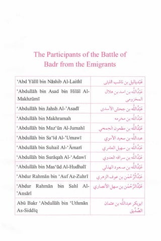The Participants of the Battle of
Badr from the Emigrants
I 'Abd YalTI bm N�hjb Al-Laithl�
J
-
.;}JI � '" .:r. �4;"
Ii'
AbdulHih bm Asad bm H1lal Al- J">�J. Ll J. J.ll�
Makhziimi 4 <.5"J�I
'Abdullah bin Jahsh Al-'Asadi L5LII�J.��41
- ,
'Abdullah bin Makhramah �_,;...,. J. J.JI�
t
'
Abdullah bin Maz'iin AI-Jumahl
bdullah bin Sa'Id Al-'U�awi r'Abdullah bin Suhail Al-'Amari
-
_-, -, -
�1 0y.!U J. .JJI�
t.,?.r11 � J. JJ1�
,-
- ,
t.,?/'WI J+..- J. J.JI�
----1 I
- ,
bdullah bin Suraqah Al-'Adawi l:?J...L.JI �lr J. .JJI� 1
Abdullah bin Mas'ud Al-Hudhal
i f --
J-4-JI :.y-o J. J.ll4l-- -- ---+ - - --
'Abdur Rahman bin 'AufAz-Zuhri I l:?Y')1 �y- J. _;.;.j14
I
'Abdur Rahman bin Sahl Al- � l:?_)L.a.;II � J. _;.;-_;14
'Ansari
Abu Bakr 'Abdullah bin 'Uthmiin
IAs-Siddiq
--- --'
 