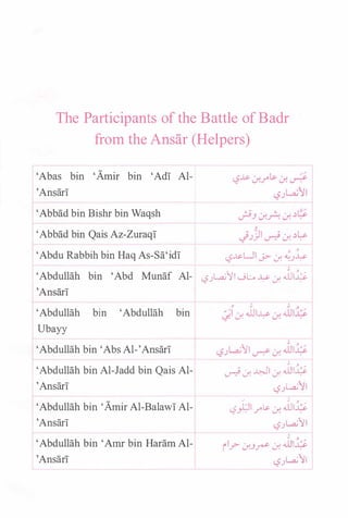 The Participants of the Battle of Badr
from the Ansar (Helpers)
'Abas bin 'Amir bin 'Adi Al-
'Ansari
'Abbad bin Bishr bin Waqsh
'Abbad bin Qais Az-Zuraqi
- .
'Abdu Rabbih bin Haq As-Sa'idi t.,?...ts-UI J>- .:.r. �.J�
'
'" "" ;. ""
'Abdullah bin 'Abd Munaf Al- t.,?.JL..a.;'J'I ._jl:.., � .:.r. .J.JI�
'Ansari
'Abdullah bin 'Abdullah bin
Ubayy
'Abdullah bin 'Abs Al-'Ansari
'Abdullah bin Al-Jadd bin Qais Al­
'Ansari
'Abdullah bin 'Amir Al-Balawi Al-
'Ansari
'Abdullah bin 'Alm bin Haram Al-
'Ansari
� �
� .:.r. �l .:_r. .J.JI�
l.?.)L..a.;II
'"" .. ;.
l.?}.;JI_,..� .:_r. .J.JI�
l.?.)L..a.;JJ
'
rl.r- J..J� .:.r. .ill4
l.?.)L..a.;JJ
 