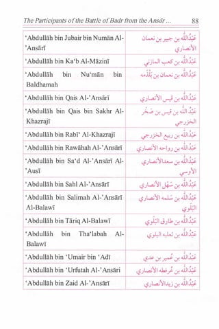 The Pmticipants ofthe Battle ofBadr from theAnsiir ... 88
I'Abdullah bin JubairbinNumanAl-l
'Ansari
('Abdullah biilib Al-Mazini I
'Abdullah bin Nu'man bin
Baldhamah
----
'Abdullah bin Qais Al-'Ansari
0 .! J
'Abdullah bin Qais bin Sakhr Al- � J. � J. .ill �
Khazraji
t
if".Jj>Ji
'Abdullah bin Rabi' Al-Khazraji if".Jj>Ji t!.J J. JJ,��
I'Abdullah bin Rawahah Al-'�sa� -lS-_ ..::...JL.a.;-·"Y1 "->1::JJ,� I
'Abdullah bin Sa'd Al-'Ansari Al-
i'Ausi
_ +1'Abdullah bin Sahl Al-'Ansari
'Abdullah bin Salimah Al-'Ansarl
Al-Balawi �'Abdullah bin TariqAl-Balawi
'Abdullah bin Tha'labah Al-
- I
- y.
. I li ......W . ...UI�c.?.)-"7 . ..r. .
Balawi
-i I
y. - y.
'Abdullah bin 'Umair bin 'Adi c.?
� J. � J. ...UI�
---
I
'Abdullah bin 'Urfutah Al-'Ansari c_?.JL.a.;"YI ...W;J. .iJ1�
-�----=--
'Abdullah bin Zaid Al-'Ansari
 