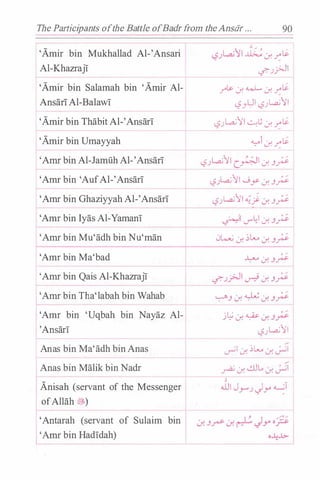 The Participants ofthe Battle ofBadrfrom theAnsiir . . . 90
'Amir bin Mukhallad Al-'Ansari
Al-Khazraji
'Amir bin Salamah bin 'Amir Al-
AnsariAl-Balawi
'Amir bin Thabit Al-'Ansari
'Amir bin Umayyah
' Amr bin Al-Jamuh Al-'Ansari
'Amr bin 'AufAl-'Ansari
'Amr bin Ghaziyyah Al-'Ansari
'Amr bin Iyas Al-Yamani
'Amr bin Mu'adh bin Nu'man
'Amr bin Ma'bad
' Amr bin Qais Al-Khazraji
' Amr bin Tba'labah bin Wahab
'Amr bin 'Uqbah bin Nayaz Al­
'Ansari
Anas bin Ma'adh bin Anas
Anas bin Malik bin Nadr
Anisah (servant of the Messenger
ofAllah �)
'Antarah (servant of Sulaim bin
LAmr bin Hadidah)
r
r
r
+-
I....
" -:; "" ' ""
L,?)....a..i)/1 � J. ��
cF"Jj>JI
.r"LY J. � J. ��
'-:?})IL,?JLa.;11
L,?JL...a..i11 -.::...:� J. ��
"-::-"r .:.r. ��
L,?JLa.;11[_.;�I.:_r.3_;.;.
'-:?)La.;11 ._jy J. 3;.;.
L,?JLa.;11.:;_). J. 3_;.;.
�I '-"'�I.:_r.3_;;.
0� J �L.....J 3;.;.
0 J 3;.;.
. .:_ li - • /
cF").r-- ...r-.! .:.r. 3r
�3 J. � J 3;.;.
' L.; . � . �) - ...r. . ...r. 3J�
'-:?JLa.;II
--
�l.:_r.�l.......:_r.�l
--
� J ..!lllo .:_r.�I
.l.JI J_,....JJr ��
 