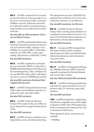 5
1394
802.4 An IEEE standard for bus topolo-
gy networks that use token passing to con-
trol access and network traffic, running at
10Mbps a second. Token-bus networks
are sometimes used in manufacturing set-
tings, but they are not often found in office
networks.
See also ARCnet; IEEE standards; Techni-
cal and Office Protocol.
802.5 An IEEE standard that defines ring
networks using token passing to control ac-
cess and network traffic, running at 4 or
16Mbps. It is used by IBM's Token Ring
network over STP, UTP, or fiber-optic
cabling. Also known as ANSI 802.1-1985.
See also IEEE standards.
802.6 An IEEE standard for metropoli-
tan-area networks (MANs). It describes a
DQDB (Distributed Queue Dual Bus) used
for transmitting voice, video, and data over
two parallel fiber-optic cables, with signal-
ing rates in excess of 100Mbps per second.
See also IEEE standards; Switched Multi-
megabit Data Services.
802.7 An IEEE Technical Advisory Group
(TAG) report on broadband networks car-
rying voice, data, and video traffic.
See also IEEE standards.
802.8 An IEEE Technical Advisory
Group (TAG) report on the use of fiber op-
tics as alternatives to copper-based cable in
LANs.
See also IEEE standards.
802.9 An IEEE advisory committee on in-
tegrated data, voice, and video networking.
The specification has been called IVD (In-
tegrated Voice and Data), but is now more
commonly referred to as Iso-Ethernet.
See also IEEE standards; Iso-Ethernet.
802.10 An IEEE Technical Advisory
Group (TAG) working on the definition of
a standard security model for use over a va-
riety of network types that incorporates au-
thentication and encryption methods.
See also IEEE standards.
802.11 A proposed IEEE standard that
will define wireless LANs, including
spread-spectrum radio, narrowband radio,
infrared transmission, and transmission
over power lines.
See also IEEE standards.
802.12 An IEEE working group defining
the 100Mbps Ethernet 100VG-AnyLAN
originally developed by Hewlett-Packard
and several other vendors.
See also 100VG-AnyLAN; IEEE standards.
802.14 An IEEE working group defining
standards for data transmission over tra-
ditional cable TV networks using cable
modems.
See also IEEE standards.
1394 An IEEE standard for a digital plug-
and-playbus,originallyconceivedbyApple
Computer in 1986. The 1394 standard sup-
ports a maximum of 63 nodes per bus and
a maximum of 1023 buses.
Three speeds for device connections are
available:
I
100Mbps
2461book Page 5 Thursday, May 4, 2000 11:59 AM
Copyright © 2000 SYBEX Inc., Alameda, CA. www.sybex.com
 