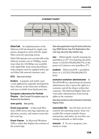 135
execute
ETHERNET PACKET
EtherTalk An implementation of the
Ethernet LAN developed for Apple com-
puters, designed to work with the Apple-
Share network operating system.
EtherTalkoperatesovercoaxialcableatthe
Ethernet transfer rate of 10Mbps, much
faster than the 230.4Kbps rate available
with AppleTalk. Each networked Macin-
tosh computer must be supplied with a spe-
cial EtherTalk network interface card.
ETX See end-of-text.
Eudora A popular and widely used
e-mail application originally developed by
Steve Dorner at the University of Illinois
and now available from Qualcomm, Inc.
European Laboratory for Particle
Physics See Conseil Européen pour la
Researche Nucléaire.
even parity See parity.
Event Log service A Microsoft Win-
dows 2000 service that logs important ap-
plication, security, and system events into
the event log.
Event Viewer In Microsoft Windows
2000, a utility that displays the contents of
the system logs.
See also application log; Directory Service
log; DNS Server log; File Replication Ser-
vice log; security log; system log.
exa- Abbreviated E. A prefix meaning one
quintillion, or 1018
. In computing, the prefix
means 1,152,921,504,606,846,976, or the
power of 2 closest to one quintillion (260
).
exabyte Abbreviated EB. 1 quintillion
bytes, or 1,152,921,504,606,846,976
bytes.
exclusive container administrator In
Novell NetWare, a special type of container
administrator who is given the rights to a
container and all the objects within that
container. The Inherited Rights Filter pre-
vents other administrators from having
rights in the container.
Seealsocontaineradministrator;Inherited
Rights Filter.
executable file Any file that can be exe-
cuted by the operating system. Some exe-
cutable files contain compiler binary
instructions, and others are text files con-
taining commands or shell scripts.
execute 1. To run a program, com-
mand, or script.
2461book Page 135 Thursday, May 4, 2000 11:59 AM
Copyright © 2000 SYBEX Inc., Alameda, CA. www.sybex.com
 