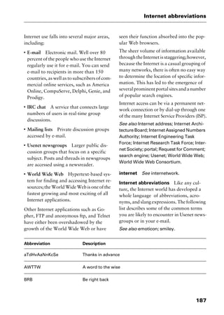 187
Internet abbreviations
Internet use falls into several major areas,
including:
I
E-mail Electronic mail. Well over 80
percent of the people who use the Internet
regularly use it for e-mail. You can send
e-mail to recipients in more than 150
countries, as well as to subscribers of com-
mercial online services, such as America
Online, CompuServe, Delphi, Genie, and
Prodigy.
I
IRC chat A service that connects large
numbers of users in real-time group
discussions.
I
Mailing lists Private discussion groups
accessed by e-mail.
I
Usenet newsgroups Larger public dis-
cussion groups that focus on a specific
subject. Posts and threads in newsgroups
are accessed using a newsreader.
I
World Wide Web Hypertext-based sys-
tem for finding and accessing Internet re-
sources; the World Wide Web is one of the
fastest growing and most exciting of all
Internet applications.
Other Internet applications such as Go-
pher, FTP and anonymous ftp, and Telnet
have either been overshadowed by the
growth of the World Wide Web or have
seen their function absorbed into the pop-
ular Web browsers.
The sheer volume of information available
through the Internet is staggering; however,
because the Internet is a casual grouping of
many networks, there is often no easy way
to determine the location of specific infor-
mation. This has led to the emergence of
severalprominentportalsitesandanumber
of popular search engines.
Internet access can be via a permanent net-
work connection or by dial-up through one
of the many Internet Service Providers (ISP).
See also Internet address; Internet Archi-
tecture Board; Internet Assigned Numbers
Authority; Internet Engineering Task
Force; Internet Research Task Force; Inter-
net Society; portal; Request for Comment;
search engine; Usenet; World Wide Web;
World Wide Web Consortium.
internet See internetwork.
Internet abbreviations Like any cul-
ture, the Internet world has developed a
whole language of abbreviations, acro-
nyms, and slang expressions. The following
list describes some of the common terms
you are likely to encounter in Usenet news-
groups or in your e-mail.
See also emoticon; smiley.
Abbreviation Description
aTdHvAaNnKcSe Thanks in advance
AWTTW A word to the wise
BRB Be right back
2461book Page 187 Thursday, May 4, 2000 11:59 AM
Copyright © 2000 SYBEX Inc., Alameda, CA. www.sybex.com
 
