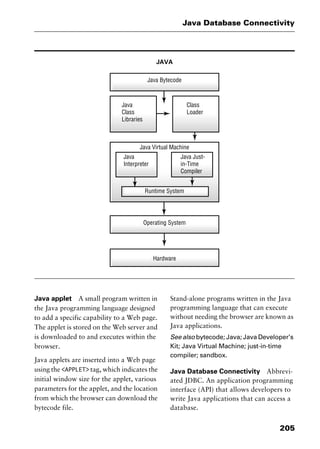 205
Java Database Connectivity
JAVA
Java applet A small program written in
the Java programming language designed
to add a specific capability to a Web page.
The applet is stored on the Web server and
is downloaded to and executes within the
browser.
Java applets are inserted into a Web page
using the <APPLET> tag, which indicates the
initial window size for the applet, various
parameters for the applet, and the location
from which the browser can download the
bytecode file.
Stand-alone programs written in the Java
programming language that can execute
without needing the browser are known as
Java applications.
See also bytecode; Java; Java Developer’s
Kit; Java Virtual Machine; just-in-time
compiler; sandbox.
Java Database Connectivity Abbrevi-
ated JDBC. An application programming
interface (API) that allows developers to
write Java applications that can access a
database.
2461book Page 205 Thursday, May 4, 2000 11:59 AM
Copyright © 2000 SYBEX Inc., Alameda, CA. www.sybex.com
 
