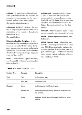 midsplit
244
midsplit A special type of broadband
cable system that divides the available fre-
quencies into two groups: one for trans-
mission and the other for reception.
See also broadband network.
migration In Novell NetWare, the pro-
cess of upgrading bindery and other infor-
mation to a newer version of the network
operating system.
See also bindery.
Migration Tool for NetWare A Mi-
crosoftWindowsNTutilityloadedwiththe
Gateway Service for NetWare that dupli-
cates user account and group and security
information from a NetWare server onto a
Windows NT server, allowing a migration
from NetWare to NT.
milli- Abbreviated m. A prefix meaning
one-thousandth in the metric system, often
expressed as 10-3
.
millisecond Abbreviated ms or msec.
A unit of measurement equal to one-
thousandth of a second. In computing,
hard disk and CD-ROM drive access times
are often described in milliseconds; the
higher the number, the slower the disk
system.
millivolt Abbreviated mv. A unit of mea-
surement equal to one-thousandth of a volt.
MIME See Multipurpose Internet Mail
Extension.
MIME Content Type Information con-
tainedinaMultipurposeInternetMailExten-
sion (MIME) message header indicates the
content type of the data contained in the next
part of the message. Table M.1 lists the seven
major content types as well as the subtypes.
See also Secure MIME.
TABLE M.1 MIME CONTENT TYPES
Content Type Subtype Description
Text Plain Unformatted text.
Rich Text Formatted text.
Multipart Mixed Multiple parts of different types.
Alternative Multiple parts containing the same data in differ-
ent formats.
Digest Message digest with multiple parts all in the same
format.
2461book Page 244 Thursday, May 4, 2000 11:59 AM
Copyright © 2000 SYBEX Inc., Alameda, CA. www.sybex.com
 