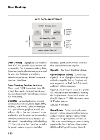 Open Desktop
282
OPEN DATA-LINK INTERFACE
Open Desktop Agraphicaluserinterface
from SCO that provides access to files and
systemutilityfunctionsonthedesktop.Files,
directories, and applications are represented
by icons and displayed in windows.
See also OpenServer; Santa Cruz Opera-
tion, Inc.; UnixWare.
Open Directory Services Interface
Abbreviated ODSI. A standard from Mi-
crosoft that enables client software to query
Internet directories by providing a common
API for naming.
OpenDoc A specification for creating
compound documents, from Apple, IBM,
Borland, and Novell. OpenDoc manages
text, spreadsheets, graphics, sound, and
video as objects that can be created in one
application and then inserted into another.
OpenDoc is similar in many respects to
Microsoft’sObjectLinkingandEmbedding
(OLE)specification,butOpenDocprovides
for greater network support and also
includes a certification process to ensure
that applications work together.
OpenGL See Open Graphics Library.
Open Graphics Library Abbreviated
OpenGL. A set of graphics libraries origi-
nally developed by Silicon Graphics and
now supported by IBM, Intel, Microsoft,
and many other companies.
OpenGL lets developers create 3-D graphi-
cal applications for workstations running
the Programmers Hierarchical Interactive
Graphics System (PHiGS) extensions to the
X Window system.
See also X Window.
Open Group An international consor-
tium of vendors, educational institutions,
and government agencies that develops
standards for open systems. Formed in
1996 as an umbrella organization to bring
together the Open Software Foundation
(OSF) and X/Open Company Limited.
2461book Page 282 Thursday, May 4, 2000 11:59 AM
Copyright © 2000 SYBEX Inc., Alameda, CA. www.sybex.com
 