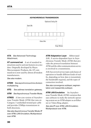 ATA
30
ASYNCHRONOUS TRANSMISSION
ATA See Advanced Technology
Attachment.
AT command set A set of standard in-
structions used to activate features on a mo-
dem. Originally developed by Hayes
Microcomputer Products, the AT com-
mand set is now used by almost all modem
manufacturers.
See also modem.
ATDM See asynchronous time-division
multiplexing.
ATG See address translation gateway.
ATM See Asynchronous Transfer Mode.
ATM25 A low-cost version of Asynchro-
nous Transfer Mode (ATM) that runs on
Category 3 unshielded twisted-pair cable
and provides 25Mbps transmissions in
both directions.
See also Asynchronous Transfer Mode; IP
over ATM; LAN Emulation; Multiprotocol
over ATM.
ATM Adaptation Layer Abbreviated
AAL. A service-dependent layer in Asyn-
chronous Transfer Mode (ATM) that pro-
vides the protocol translation between
ATM and the other communications servic-
es involved in a transmission.
AAL has several service types and classes of
operation to handle different kinds of traf-
fic, depending on how data is transmitted,
the bandwidth required, and the types of
connection involved.
See also convergence sublayer; segmen-
tation and reassembly sublayer.
ATM LAN Emulation An Asynchro-
nous Transfer Mode (ATM) variation that
uses software to make the network operat-
ing system see an ATM adapter as an Ether-
net or Token Ring adapter.
See also IP over ATM; LAN Emulation;
Multiprotocol over ATM.
2461book Page 30 Thursday, May 4, 2000 11:59 AM
Copyright © 2000 SYBEX Inc., Alameda, CA. www.sybex.com
 