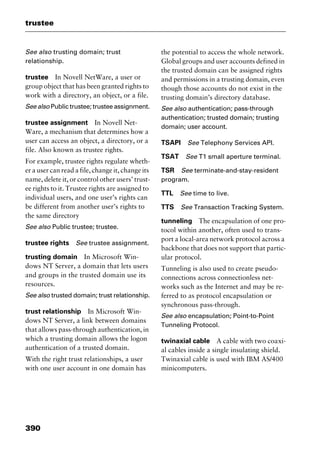 trustee
390
See also trusting domain; trust
relationship.
trustee In Novell NetWare, a user or
group object that has been granted rights to
work with a directory, an object, or a file.
See also Public trustee; trustee assignment.
trustee assignment In Novell Net-
Ware, a mechanism that determines how a
user can access an object, a directory, or a
file. Also known as trustee rights.
For example, trustee rights regulate wheth-
er a user can read a file, change it, change its
name, delete it, or control other users’ trust-
ee rights to it. Trustee rights are assigned to
individual users, and one user’s rights can
be different from another user’s rights to
the same directory
See also Public trustee; trustee.
trustee rights See trustee assignment.
trusting domain In Microsoft Win-
dows NT Server, a domain that lets users
and groups in the trusted domain use its
resources.
See also trusted domain; trust relationship.
trust relationship In Microsoft Win-
dows NT Server, a link between domains
that allows pass-through authentication, in
which a trusting domain allows the logon
authentication of a trusted domain.
With the right trust relationships, a user
with one user account in one domain has
the potential to access the whole network.
Global groups and user accounts defined in
the trusted domain can be assigned rights
and permissions in a trusting domain, even
though those accounts do not exist in the
trusting domain’s directory database.
See also authentication; pass-through
authentication; trusted domain; trusting
domain; user account.
TSAPI See Telephony Services API.
TSAT See T1 small aperture terminal.
TSR See terminate-and-stay-resident
program.
TTL See time to live.
TTS See Transaction Tracking System.
tunneling The encapsulation of one pro-
tocol within another, often used to trans-
port a local-area network protocol across a
backbone that does not support that partic-
ular protocol.
Tunneling is also used to create pseudo-
connections across connectionless net-
works such as the Internet and may be re-
ferred to as protocol encapsulation or
synchronous pass-through.
See also encapsulation; Point-to-Point
Tunneling Protocol.
twinaxial cable A cable with two coaxi-
al cables inside a single insulating shield.
Twinaxial cable is used with IBM AS/400
minicomputers.
2461book Page 390 Thursday, May 4, 2000 11:59 AM
Copyright © 2000 SYBEX Inc., Alameda, CA. www.sybex.com
 