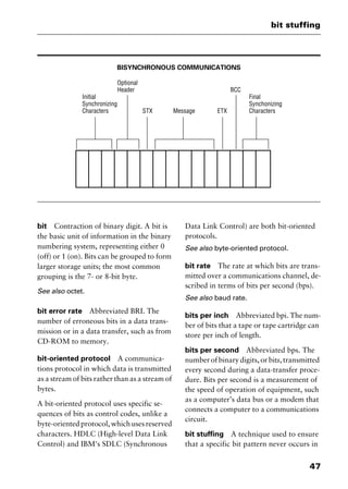 47
bit stuffing
BISYNCHRONOUS COMMUNICATIONS
bit Contraction of binary digit. A bit is
the basic unit of information in the binary
numbering system, representing either 0
(off) or 1 (on). Bits can be grouped to form
larger storage units; the most common
grouping is the 7- or 8-bit byte.
See also octet.
bit error rate Abbreviated BRI. The
number of erroneous bits in a data trans-
mission or in a data transfer, such as from
CD-ROM to memory.
bit-oriented protocol A communica-
tions protocol in which data is transmitted
as a stream of bits rather than as a stream of
bytes.
A bit-oriented protocol uses specific se-
quences of bits as control codes, unlike a
byte-oriented protocol, which uses reserved
characters. HDLC (High-level Data Link
Control) and IBM's SDLC (Synchronous
Data Link Control) are both bit-oriented
protocols.
See also byte-oriented protocol.
bit rate The rate at which bits are trans-
mitted over a communications channel, de-
scribed in terms of bits per second (bps).
See also baud rate.
bits per inch Abbreviated bpi. The num-
ber of bits that a tape or tape cartridge can
store per inch of length.
bits per second Abbreviated bps. The
numberofbinarydigits,orbits,transmitted
every second during a data-transfer proce-
dure. Bits per second is a measurement of
the speed of operation of equipment, such
as a computer’s data bus or a modem that
connects a computer to a communications
circuit.
bit stuffing A technique used to ensure
that a specific bit pattern never occurs in
2461book Page 47 Thursday, May 4, 2000 11:59 AM
Copyright © 2000 SYBEX Inc., Alameda, CA. www.sybex.com
 