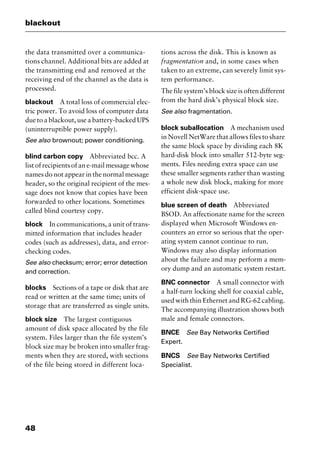 blackout
48
the data transmitted over a communica-
tions channel. Additional bits are added at
the transmitting end and removed at the
receiving end of the channel as the data is
processed.
blackout A total loss of commercial elec-
tric power. To avoid loss of computer data
due to a blackout, use a battery-backed UPS
(uninterruptible power supply).
See also brownout; power conditioning.
blind carbon copy Abbreviated bcc. A
list of recipients of an e-mail message whose
names do not appear in the normal message
header, so the original recipient of the mes-
sage does not know that copies have been
forwarded to other locations. Sometimes
called blind courtesy copy.
block In communications, a unit of trans-
mitted information that includes header
codes (such as addresses), data, and error-
checking codes.
See also checksum; error; error detection
and correction.
blocks Sections of a tape or disk that are
read or written at the same time; units of
storage that are transferred as single units.
block size The largest contiguous
amount of disk space allocated by the file
system. Files larger than the file system’s
block size may be broken into smaller frag-
ments when they are stored, with sections
of the file being stored in different loca-
tions across the disk. This is known as
fragmentation and, in some cases when
taken to an extreme, can severely limit sys-
tem performance.
The file system’s block size is often different
from the hard disk’s physical block size.
See also fragmentation.
block suballocation A mechanism used
in Novell NetWare that allows files to share
the same block space by dividing each 8K
hard-disk block into smaller 512-byte seg-
ments. Files needing extra space can use
these smaller segments rather than wasting
a whole new disk block, making for more
efficient disk-space use.
blue screen of death Abbreviated
BSOD. An affectionate name for the screen
displayed when Microsoft Windows en-
counters an error so serious that the oper-
ating system cannot continue to run.
Windows may also display information
about the failure and may perform a mem-
ory dump and an automatic system restart.
BNC connector A small connector with
a half-turn locking shell for coaxial cable,
used with thin Ethernet and RG-62 cabling.
The accompanying illustration shows both
male and female connectors.
BNCE See Bay Networks Certified
Expert.
BNCS See Bay Networks Certified
Specialist.
2461book Page 48 Thursday, May 4, 2000 11:59 AM
Copyright © 2000 SYBEX Inc., Alameda, CA. www.sybex.com
 