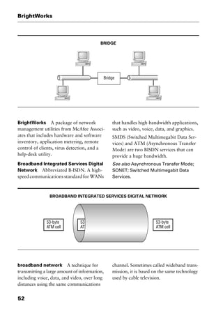 BrightWorks
52
BRIDGE
BrightWorks A package of network
management utilities from McAfee Associ-
ates that includes hardware and software
inventory, application metering, remote
control of clients, virus detection, and a
help-desk utility.
Broadband Integrated Services Digital
Network Abbreviated B-ISDN. A high-
speed communications standard for WANs
that handles high-bandwidth applications,
such as video, voice, data, and graphics.
SMDS (Switched Multimegabit Data Ser-
vices) and ATM (Asynchronous Transfer
Mode) are two BISDN services that can
provide a huge bandwidth.
See also Asynchronous Transfer Mode;
SONET; Switched Multimegabit Data
Services.
BROADBAND INTEGRATED SERVICES DIGITAL NETWORK
broadband network A technique for
transmitting a large amount of information,
including voice, data, and video, over long
distances using the same communications
channel. Sometimes called wideband trans-
mission, it is based on the same technology
used by cable television.
2461book Page 52 Thursday, May 4, 2000 11:59 AM
Copyright © 2000 SYBEX Inc., Alameda, CA. www.sybex.com
 