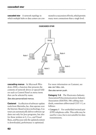 cascaded star
62
cascaded star A network topology in
which multiple hubs or data centers are con-
nectedinasuccessionoflevels,whichpermits
many more connections than a single level.
CASCADED STAR
cascading menus In Microsoft Win-
dows 2000, a function that presents the
contents of network drives or special fold-
ers such as Control Panel as menu items
that can be selected by name.
See also personalized menus.
Castanet Acollectionofsoftware-update
tools from Marimba, Inc. that operate over
the Internet. Based on Java technology, Cas-
tanet can automatically deliver software up-
dates not only for Java programs, but also
for those written in C, C++, and Visual
Basic, and because only the updated content
is downloaded, performance is optimized.
For more information on Castanet, see
www.marimba.com.
See also server push.
Category 1–5 The Electronics Industry
Association/Telecommunications Industry
Association (EIA/TIA) 586 cabling stan-
dards, sometimes abbreviated CAT 1-5, as
follows:
I
Category 1 For unshielded twisted-pair
(UTP) telephone cable. This cable may be
used for voice, but is not suitable for data
transmissions.
2461book Page 62 Thursday, May 4, 2000 11:59 AM
Copyright © 2000 SYBEX Inc., Alameda, CA. www.sybex.com
 