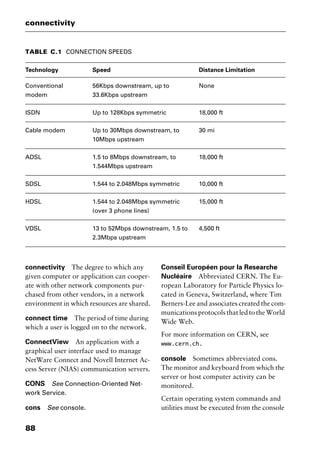 connectivity
88
connectivity The degree to which any
given computer or application can cooper-
ate with other network components pur-
chased from other vendors, in a network
environment in which resources are shared.
connect time The period of time during
which a user is logged on to the network.
ConnectView An application with a
graphical user interface used to manage
NetWare Connect and Novell Internet Ac-
cess Server (NIAS) communication servers.
CONS See Connection-Oriented Net-
work Service.
cons See console.
Conseil Européen pour la Researche
Nucléaire Abbreviated CERN. The Eu-
ropean Laboratory for Particle Physics lo-
cated in Geneva, Switzerland, where Tim
Berners-Lee and associates created the com-
municationsprotocolsthatledtotheWorld
Wide Web.
For more information on CERN, see
www.cern.ch.
console Sometimes abbreviated cons.
The monitor and keyboard from which the
server or host computer activity can be
monitored.
Certain operating system commands and
utilities must be executed from the console
TABLE C.1 CONNECTION SPEEDS
Technology Speed Distance Limitation
Conventional
modem
56Kbps downstream, up to
33.6Kbps upstream
None
ISDN Up to 128Kbps symmetric 18,000 ft
Cable modem Up to 30Mbps downstream, to
10Mbps upstream
30 mi
ADSL 1.5 to 8Mbps downstream, to
1.544Mbps upstream
18,000 ft
SDSL 1.544 to 2.048Mbps symmetric 10,000 ft
HDSL 1.544 to 2.048Mbps symmetric
(over 3 phone lines)
15,000 ft
VDSL 13 to 52Mbps downstream, 1.5 to
2.3Mbps upstream
4,500 ft
2461book Page 88 Thursday, May 4, 2000 11:59 AM
Copyright © 2000 SYBEX Inc., Alameda, CA. www.sybex.com
 