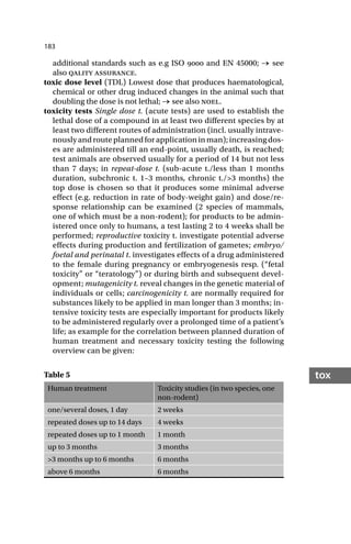 183
tox
additional standards such as e.g ISO  and EN 45000; → see
also qality assurance.
toxic dose level (TDL) Lowest dose that produces haematological,
chemical or other drug induced changes in the animal such that
doubling the dose is not lethal; → see also noel.
toxicity tests Single dose t. (acute tests) are used to establish the
lethal dose of a compound in at least two different species by at
least two different routes of administration (incl. usually intrave-
nously and route planned for application in man); increasing dos-
es are administered till an end-point, usually death, is reached;
test animals are observed usually for a period of 14 but not less
than 7 days; in repeat-dose t. (sub-acute t./less than 1 months
duration, subchronic t. 1–3 months, chronic t./>3 months) the
top dose is chosen so that it produces some minimal adverse
effect (e.g. reduction in rate of body-weight gain) and dose/re-
sponse relationship can be examined (2 species of mammals,
one of which must be a non-rodent); for products to be admin-
istered once only to humans, a test lasting 2 to 4 weeks shall be
performed; reproductive toxicity t. investigate potential adverse
effects during production and fertilization of gametes; embryo/
foetal and perinatal t. investigates effects of a drug administered
to the female during pregnancy or embryogenesis resp. (“fetal
toxicity” or “teratology”) or during birth and subsequent devel-
opment; mutagenicity t. reveal changes in the genetic material of
individuals or cells; carcinogenicity t. are normally required for
substances likely to be applied in man longer than 3 months; in-
tensive toxicity tests are especially important for products likely
to be administered regularly over a prolonged time of a patient’s
life; as example for the correlation between planned duration of
human treatment and necessary toxicity testing the following
overview can be given:
Table 5
Human treatment Toxicity studies (in two species, one
non-rodent)
one/several doses, 1 day 2 weeks
repeated doses up to 14 days 4 weeks
repeated doses up to 1 month 1 month
up to 3 months 3 months
>3 months up to 6 months 6 months
above 6 months 6 months
 