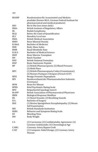 203
BIAMP Bundesinstitut für Arzneimittel und Medizin-
produkte (former BGA, German Federal Institute for
pharmaceutical and medical products)
BID Bis In Die (two times daily)
BIRA British Institute of Regulatory Affairs
BL Burkitt Lymphoma
BLQ Below the Limit of Quantification
BL1 Biosafety Level one
BMA British Medical Association
BMD Bone Mineral Density
B.Med. Bachelor of Medicine
BMI Body-Mass-Index
BMR Basal Metabolic Rate
B.M.S Bachelor of Medical Science
BMT Bone Marrow Transplant
BN Batch Number
BNF British National Formulary
BNP Brain Natriuretic Peptide
BP (1) British Pharmacopoeia; (2) Blood Pressure;
(3) Birth Place
BPC (1) British Pharmacopoeia Codex (Commission);
(2) Bonnes Pratiques Cliniques (French GCP)
BPH Benign Prostatic Hyperplasia
BPI Bundesverband der Pharmazeutischen Industrie
(Germany)
BPM Beats Per Minute
BPRS Brief Psychiatric Rating Scale
BPZ Beipackzettel (package insert)
BrAPP British Association of Pharmaceutical Physicians
BRM Biological Response Modifyer
BS (1) Bowel Sounds; (2) Breathing Sounds
B.S. Bachelor of Surgery
BSE (1) Bovine Spongioform Encephalopathy; (2) Breast
Self Examination
BSI British Standards Institution
BSRS Behavior and Symptom Rating Scale
BT Bleeding Time
BW Body Weight
CA (1) Carcinoma; (2) Confidentiality Agreement; (3)
Cytosine Arabinoside; (4) Chronological Age
CABG Coronary Artery Bypass Graft
CAD (1) Computer Aided Design; (2) Coronary Artery
Disease
 