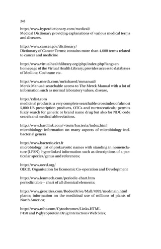 243
http://www.hyperdictionary.com/medical/
Medical Dictionary providing explanations of various medical terms
and diseases.
http://www.cancer.gov/dictionary/
Dictionary of Cancer Terms; contains more than 4,000 terms related
to cancer and medicine
http://www.virtualhealthlibrary.org/php/index.php?lang=en
homepage of the Virtual Health Library; provides access to databases
of Medline, Cochrane etc.
http://www.merck.com/mrkshared/mmanual/
Merck Manual; searchable access to The Merck Manual with a lot of
information such as normal laboratory values, disease,
http://rxlist.com
medicinal products; a very complete searchable crossindex of almost
5,000 US prescription products, OTCs and nurtraceuticals; permits
fuzzy search for generic or brand name drug but also for NDC code
search and medical abbreviations.
http://www.hardlink.com/~tsute/bacteria/index.html
microbiology; information on many aspects of microbiology incl.
bacterial genera
http://www.bacterio.cict.fr
microbiology; list of prokaryotic names with standing in nomencla-
ture (LPSN); hyperlinked information such as descriptions of a par-
ticular species/genus and references;
http://www.oecd.org/
OECD, Organisation for Economic Co-operation and Development
http://www.lenntech.com/periodic-chart.htm
periodic table – chart of all chemical elements;
http://www.geocities.com/RodeoDrive/Mall/4992/medmain.html
plants; information on the medicinal use of millions of plants of
North America;
http://www.mhc.com/Cytochromes/Links.HTML
P450 and P-glycoprotein Drug Interactions Web Sites;
 