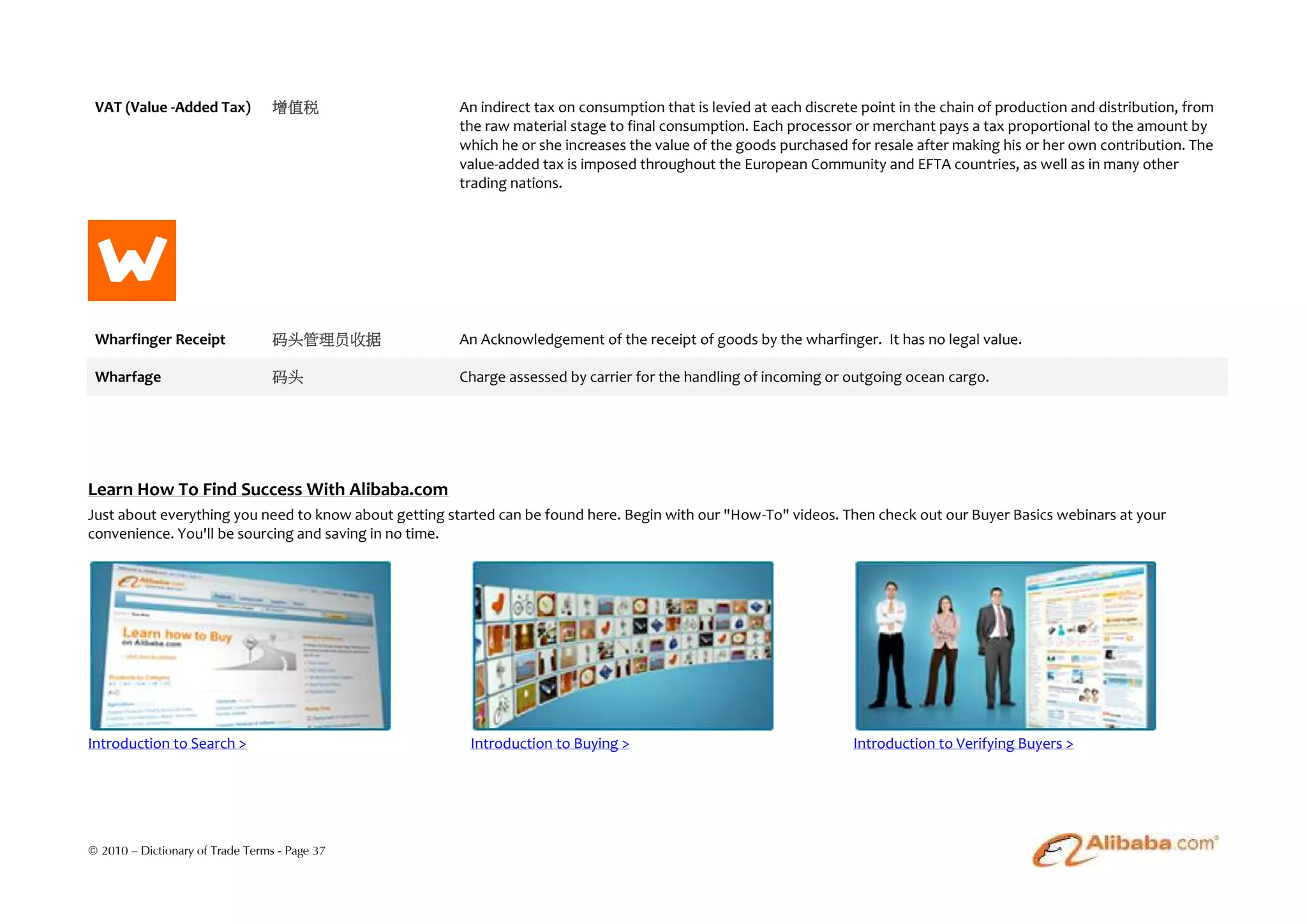 VAT (Value -Added Tax)           增值税                  An indirect tax on consumption that is levied at each discrete point in the chain of production and distribution, from
                                                       the raw material stage to final consumption. Each processor or merchant pays a tax proportional to the amount by
                                                       which he or she increases the value of the goods purchased for resale after making his or her own contribution. The
                                                       value-added tax is imposed throughout the European Community and EFTA countries, as well as in many other
                                                       trading nations.




  W
 Wharfinger Receipt               码头管理员收据              An Acknowledgement of the receipt of goods by the wharfinger. It has no legal value.

 Wharfage                         码头                   Charge assessed by carrier for the handling of incoming or outgoing ocean cargo.




Learn How To Find Success With Alibaba.com
Just about everything you need to know about getting started can be found here. Begin with our "How-To" videos. Then check out our Buyer Basics webinars at your
convenience. You'll be sourcing and saving in no time.




Introduction to Search >                                Introduction to Buying >                                    Introduction to Verifying Buyers >




© 2010 – Dictionary of Trade Terms - Page 37
 