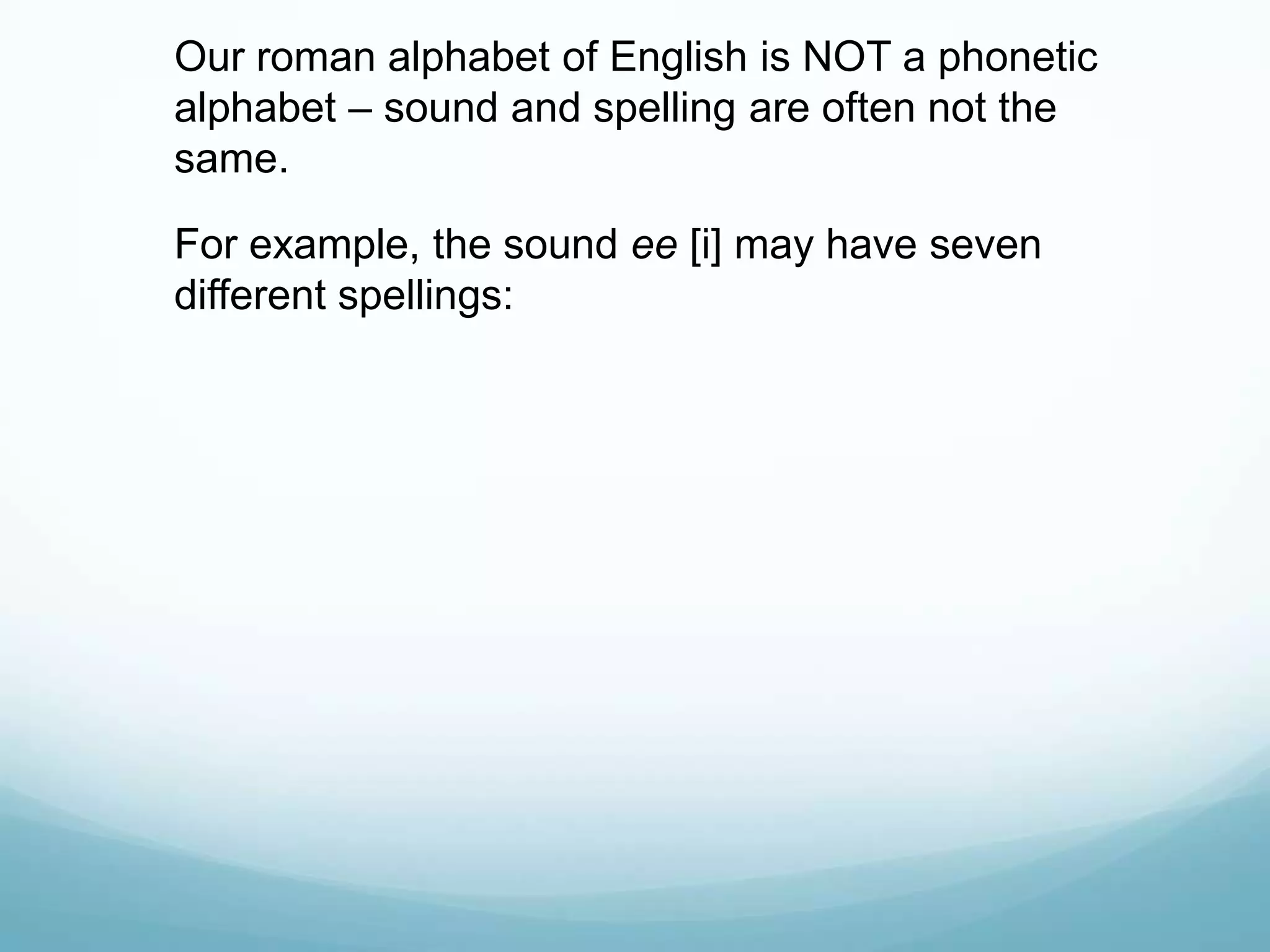 Our roman alphabet of English is NOT a phonetic
alphabet – sound and spelling are often not the
same.

For example, the sound ee [i] may have seven
different spellings:
 
