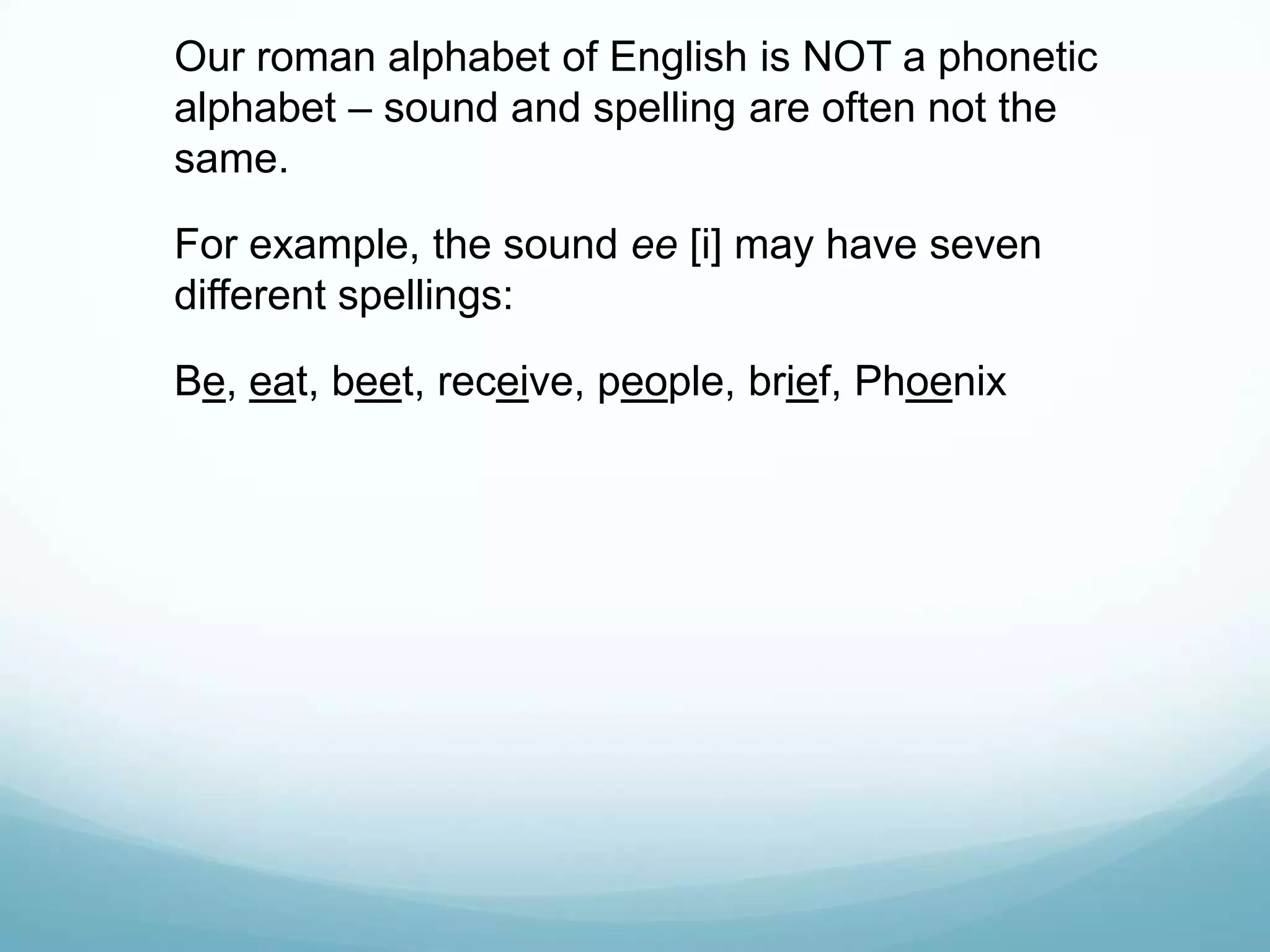 Our roman alphabet of English is NOT a phonetic
alphabet – sound and spelling are often not the
same.

For example, the sound ee [i] may have seven
different spellings:

Be, eat, beet, receive, people, brief, Phoenix
 
