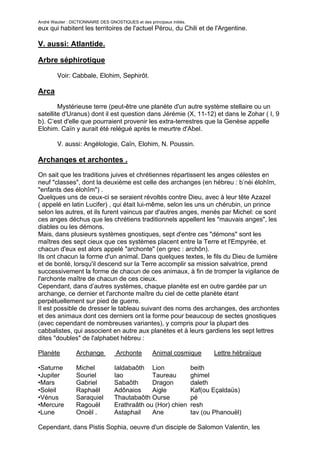 André Wautier : DICTIONNAIRE DES GNOSTIQUES et des principaux initiés.
eux qui habitent les territoires de l'actuel Pérou, du Chili et de l'Argentine.

V. aussi: Atlantide.

Arbre séphirotique

         Voir: Cabbale, Elohim, Sephirôt.

Arca

        Mystérieuse terre (peut-être une planète d'un autre système stellaire ou un
satellite d'Uranus) dont il est question dans Jérémie (X, 11-12) et dans le Zohar ( I, 9
b). C’est d'elle que pourraient provenir les extra-terrestres que la Genèse appelle
Elohim. Caïn y aurait été relégué après le meurtre d'Abel.

         V. aussi: Angélologie, Caïn, Elohim, N. Poussin.

Archanqes et archontes .
On sait que les traditions juives et chrétiennes répartissent les anges célestes en
neuf "classes", dont la deuxième est celle des archanges (en hébreu : b’néi élohîm,
"enfants des élohîm") .
Quelques uns de ceux-ci se seraient révoltés contre Dieu, avec à leur tête Azazel
( appelé en latin Lucifer) , qui était lui-même, selon les uns un chérubin, un prince
selon les autres, et ils furent vaincus par d'autres anges, menés par Michel: ce sont
ces anges déchus que les chrétiens traditionnels appellent les "mauvais anges", les
diables ou les démons.
Mais, dans plusieurs systèmes gnostiques, sept d'entre ces "démons" sont les
maîtres des sept cieux que ces systèmes placent entre la Terre et l'Empyrée, et
chacun d'eux est alors appelé "archonte" (en grec : archôn).
Ils ont chacun la forme d'un animal. Dans quelques textes, le fils du Dieu de lumière
et de bonté, lorsqu'il descend sur la Terre accomplir sa mission salvatrice, prend
successivement la forme de chacun de ces animaux, à fin de tromper la vigilance de
l'archonte maître de chacun de ces cieux.
Cependant, dans d’autres systèmes, chaque planète est en outre gardée par un
archange, ce dernier et l'archonte maître du ciel de cette planète étant
perpétuellement sur pied de guerre.
Il est possible de dresser le tableau suivant des noms des archanges, des archontes
et des animaux dont ces derniers ont la forme pour beaucoup de sectes gnostiques
(avec cependant de nombreuses variantes), y compris pour la plupart des
cabbalistes, qui associent en autre aux planètes et à leurs gardiens les sept lettres
dites "doubles" de l'alphabet hébreu :

Planète           Archange           Archonte         Animal cosmique           Lettre hébraïque

•Saturne          Michel            Ialdabaôth Lion                      beith
•Jupiter          Souriel           Iao          Taureau                 ghimel
•Mars             Gabriel           Sabaôth      Dragon                  daleth
•Soleil           Raphaël           Adônaios     Aigle                   Kaf(ou Eçaldaüs)
•Vénus            Saraquiel         Thautabaôth Ourse                    pé
•Mercure          Ragouël           Erathraâth ou (Hor) chien            resh
•Lune             Onoël .           Astaphail    Ane                     tav (ou Phanouël)

Cependant, dans Pistis Sophia, oeuvre d'un disciple de Salomon Valentin, les

                                                                                                   27
 