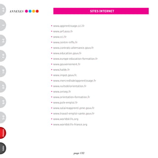 a-B


          AnnEXES                                    sites internet



                    • www.apprentissage.cci.fr
c




                    • www.arf.asso.fr
                    • www.cci.fr
d-e




                    • www.centre-inffo.fr
                    • www.contrats-alternance.gouv.fr
                    • www.education.gouv.fr
F-H




                    • www.europe-education-formation.fr
                    • www.gouvernement.fr
                    • www.halde.fr
i-M




                    • www.impot.gouv.fr.
                    • www.mercredisdelapprentissage.fr
                    • www.nuitsdelorientation.fr
o-p




                    • www.onisep.fr
                    • www.orientation-formation.fr
Q-r




                    • www.pole-emploi.fr
                    • www.salaireapprenti.pme.gouv.fr
                    • www.travail-emploi-sante.gouv.fr
s-U




                    • www.worldskills.org
                    • www.worldskills-france.org
annexes
index




                                        page 132
 