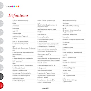 a-B


          indEX




            définitions
c




                  Acteurs de l'apprentissage              Crédit d'impôt apprentissage           Maître d'apprentissage
d-e




                  Aides                                   CSA                                    Médiation
                                                          (Contribution Supplémentaire à
                  Allemagne                                                                      Mercredi de l'Apprentissage
                                                          l'Apprentissatge)
                  Alternance                                                                     OCTA
                                                          Développeur de l'apprentissage
                                                                                                 (Organisme Collecteur de Taxe
                  Apprenti
F-H




                                                          Diplôme                                d'Apprentissage)
                  Apprentissage
                                                          Discrimination                         Olympiades des Métiers
                  Avantages pour l'apprenti
                                                          Durée de formation                     Orientation
                  Barème
                                                          Enregistrement du contrat              Ouverture sociale de l'apprentissage
i-M




                  Bourses de l'apprentissage              d'apprentissage
                                                                                                 Partenariat
                  Carte nationale d'apprenti              Entreprises/Employeurs d'apprentis
                                                                                                 Point A
                  CCI                                     Europe/mobilité Européenne
                                                                                                 Préapprentissage
                  (Chambres de Commerce et d'Industrie)
                                                          Exonération de charges sociales
o-p




                                                                                                 Prime
                  CDA
                                                          Financement de l'apprentissage
                  (Contribution au développement de                                              Protection sociale des apprentis
                  l'apprentissage)                        Financement des CFA
                                                                                                 Qualité
                  CFA                                     FNDMA
                                                                                                 Quota d'apprentissage
Q-r




                  (Centre de Formation d'Apprentis)       (Fonds National de Développement et
                                                          de Modernisation de l'Apprentissage)   Région
                  CFA "sans murs"
                                                          Frais de Gestion                       Réussite aux examens
                  COM
                  (Contrat d'Objectifs et de Moyens)      Habilitation à percevoir la TA         Rupture
s-U




                  Conditions de travail                   Hébergement                            Salaire de l'apprenti
                  Contrat d'apprentissage                 Insertion professionnelle              Secteur public
                  Contrat de professionnalisation         Inspection de l'apprentissage          Supérieur
annexes




                  Contributions des entreprises           Inspection de l'apprentissage          Taxe d'apprentissage
                                                          en Alsace Moselle
                  Coûts de formation                                                             UFA
                                                          Investissement dans les CFA            (Unité de Formation par
                  Création d'entreprise
                                                                                                 Apprentissage)
                                                          Livret d'apprentissage
index




                                                                  page 134
 
