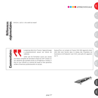 a-B
                                                                                                                     AppREnTiSSAGE




                                                                                                                                                c
    références
réglementaires


                     Article L 6211-1 du code du travail




                                                                                                                                                d-e
                                                                                                                                                F-H
                                                                                                                                                i-M
                                    Longtemps décrié en France, l’apprentissage    Aujourd’hui, on compte en France 430 000 apprentis dont
      commentaires




                                    a progressivement acquis ses lettres de        100  000 sont formés dans le réseau des Chambres de




                                                                                                                                                o-p
                                    noblesse.                                      Commerce et d’Industrie (voir CCI), soit près d’1 apprenti
                                                                                   sur 4.
                                      Cette voie de formation ouvre aux jeunes
                     une filière complète de formation allant du CAP (niveau V)
                     aux diplômes des grandes écoles ou d’ingénieurs (niveau I)
                     tout en leur offrant un contrat de travail et des garanties




                                                                                                                                                Q-r
                     solides d’insertion professionnelle et sociale.




                                                                                                                                                s-U
                                                                                                                                                annexes
                                                                                                                                                index
                                                                       page 17
 