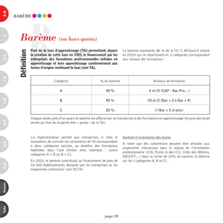 a-B




                    B
          BARèmE




            Barème (ou hors quota)
c




                        part de la taxe d’apprentissage (ta) permettant, depuis        Le barème représente 48 % de la TA (1 Milliard € estimé
           définition



                        la création de cette taxe en 1925, le financement par les      en 2010) qui se répartissent en 3 catégories correspondant
d-e




                        entreprises des formations professionnelles initiales en       aux niveaux des formations :
                        apprentissage et hors apprentissage conformément aux
                        textes d’origine instituant la taxe (voir ta).
F-H




                                        Catégorie                       % du barème                         Niveaux de formation

                                            A                               40 %                         V et IV (CAP - Bac Pro…)
i-M




                                            B                               40 %                         III et II (Bac + 2 à Bac + 4)

                                            C                               20 %                              I (Bac + 5 et plus)

                        Chaque année, près d’un quart du barème est affecté par les entreprises à des formations en apprentissage (en plus des fonds
o-p




                        versés au titre de la partie dite « quota » de la TA).



                        La réglementation permet aux entreprises, si elles le          Barème et orientation des jeunes
                        souhaitent, de cumuler les versements de TA correspondant
Q-r




                                                                                       A noter que des subventions peuvent être allouées aux
                        à deux catégories voisines, au bénéfice des formations
                                                                                       organismes intervenant dans le champ de l’orientation
                        habilitées dans l’une d’entre elles (exemple  : cumul
                                                                                       professionnelle (CIO, Points A des CCI, Cités des Métiers,
                        catégories A + B ou B + C).
                                                                                       ONISEP…) dans la limite de 10% du barème (à déduire
                        En 2010, le barème contribuait au financement de près de       sur les 3 catégories A, B et C).
s-U




                        18 000 établissements, désignés par les entreprises ou les
                        organismes collecteurs (voir OCTA).
annexes
index




                                                                           page 20
 