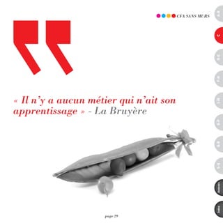 a-B
                                        CFA SAnS mURS




                                                        c
                                                        d-e
                                                        F-H
« il n’y a aucun métier qui n’ait son




                                                        i-M
apprentissage » - La Bruyère




                                                        o-p
                                                        Q-r
                                                        s-U
                                                        annexes
                                                        index
                    page 29
 