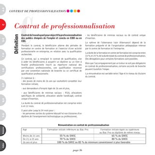 a-B




                     C
          COnTRAT dE pROFESSiOnnALiSATiOn




             Contrat de professionnalisation
c




                         contrat de travail ayant pour objectif la professionnalisation       - les bénéficiaires de minimas sociaux  ou de contrat unique
            définition



                         des publics éloignés de l’emploi et conclu en cdd ou en              d’insertion.
d-e




                         cdi.
                                                                                              Le rythme de l’alternance (voir Alternance) dépend de la
                         Pendant le contrat, le bénéficiaire alterne des périodes de          formation préparée et de l’organisation pédagogique retenue
                         formation en centre de formation et l’exercice d’une activité        par le centre de formation et l’entreprise.
                         professionnelle en entreprise, en relation avec la qualification
                                                                                              La durée de la formation en centre de formation est comprise entre
F-H




                         recherchée.
                                                                                              15 % et 25 % de la durée totale du contrat de professionnalisation.
                         Ce contrat, qui a remplacé le contrat de qualification, vise         Des dérogations pour certaines formations sont possibles.
                         à aider les bénéficiaires à acquérir un diplôme ou un titre à
                                                                                              Bien que l’accompagnement par un tuteur ne soit pas obligatoire
                         finalité professionnelle inscrit au répertoire national des
                                                                                              en contrat de professionnalisation, certains accords de branche
                         certifications professionnelles, une qualification reconnue
                                                                                              peuvent toutefois l’exiger.
i-M




                         par une convention nationale de branche ou un certificat de
                         qualification professionnelle.                                       La rémunération est variable selon l’âge et le niveau du titulaire
                                                                                              du contrat.
                         Il s’adresse à :
                         - des jeunes de moins de 26 ans qui souhaitent compléter leur
                         formation initiale,
o-p




                         - aux demandeurs d’emploi âgés de 26 ans et plus,
                         - aux bénéficiaires de minimas sociaux  : RSA, allocations
                         spécifiques de solidarité, allocation adulte handicapé, contrat
                         unique d’insertion.
Q-r




                         La durée du contrat de professionnalisation est comprise entre
                         6 et 12 mois.
                         Il peut aller jusqu’à 24 mois pour :
                         - les personnes sorties du système éducatif et non titulaires d’un
s-U




                         diplôme de l’enseignement technologique ou professionnel,


                                                                 rémunération en contrat de professionnalisation
annexes




                          Age                        Formation initiale inférieure au Bac Pro      Formation initiale égale ou supérieure
                                                                                                  au Bac Pro ou diplôme de même niveau
                          Moins de 21 ans                         55 % du SMIC                               65 % du SMIC
                          De 21 à 25 ans                          70 % du SMIC                               80 % du SMIC
                          26 ans et plus                        100 % du SMIC ou 85 % du minimum conventionnel si plus favorable
index




                                                                                 page 36
 