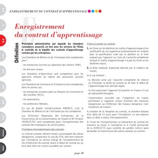 a-B




                     E
          EnREGiSTREmEnT dU COnTRAT d’AppREnTiSSAGE




             Enregistrement
c




             du contrat d’apprentissage
d-e




                         procédure administrative par laquelle les chambres              Pièces à joindre au contrat :
            définition




                         consulaires assurent, en lien avec les services de l’etat,
                                                                                         1. les titres ou les diplômes du maître d’apprentissage et les
                         le contrôle de la légalité des contrats d’apprentissage
                                                                                            justificatifs de son expérience professionnelle en relation
                         conclus par les entreprises.
                                                                                            avec la qualification visée par le diplôme ou le titre
F-H




                         Les Chambres de Métiers et de l’Artisanat sont compétentes         préparé par l’apprenti ou l’avis de l’autorité compétente
                         pour :                                                             lorsque le maître d’apprentissage n’a pas les titres ou les
                                                                                            diplômes requis,
                         - les entreprises inscrites au répertoire des métiers (RM),
                                                                                         2. la fiche médicale d’aptitude délivrée par le médecin du
                         - les artisans ruraux.
i-M




                                                                                            travail,
                         Les Chambres d’Agriculture  sont compétentes pour les
                                                                                         et le cas échéant :
                         apprentis relevant du régime des assurances sociales
                         agricoles.                                                      - la décision prise par l’autorité compétente de réduire
                                                                                           ou d’allonger la durée du contrat ou de fixer le début de
                         Les Chambres de Commerce et d’Industrie sont compétentes
                                                                                           l’apprentissage hors période légale,
o-p




                         dans les autres cas :
                                                                                         - le titre autorisant l’apprenti à travailler en France s’il est
                         - les entreprises immatriculées au Registre du Commerce et
                                                                                           de nationalité étrangère,
                           des Sociétés (RCS),
                                                                                         - l’autorisation accordée par l’inspecteur du travail
                         - les associations,
                                                                                           permettant à l’apprenti mineur d’utiliser des machines
Q-r




                         - les professions libérales.                                      dangereuses ou d’effectuer des travaux dangereux (voir
                                                                                           Conditions de travail).
                         En cas de double immatriculation RM/RCS, c’est la
                         Chambre de Métiers et de l’Artisanat qui est compétente.        A compter de la réception du contrat, la chambre dispose
                                                                                         d’un délai de 15 jours pour l’enregistrer. La non-réponse
                         Les Directions Régionales des Entreprises, de la
s-U




                                                                                         dans ce délai a valeur d’enregistrement.
                         Concurrence, de la Consommation, du Travail et de l'Emploi
                         (DIRECCTE) sont compétentes pour l’enregistrement des           A l’issue de l’enregistrement, un exemplaire du contrat est
                         contrats des employeurs du service public.                      transmis au jeune, à l’entreprise et à l’unité territoriale
                                                                                         de la DIRECCTE pour contrôle de validité. Celle-ci peut
                         Procédure d’enregistrement des contrats :
annexes




                                                                                         demander la transmission des pièces annexes au contrat.
                         Le contrat complet, dûment rempli, accompagné des pièces
                         obligatoires, comportant le visa du CFA, doit être transmis
                         par l’entreprise au service chargé de l’enregistrement du
                         lieu d’exécution du contrat, avant le début du contrat ou, au
                         plus tard, dans les 5 jours ouvrables qui suivent.
index




                                                                             page 48
 
