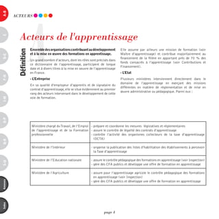 a-B




                     A
          ACTEURS




             Acteurs de l'apprentissage
c




                         ensemble des organisations contribuant au développement          Elle assume par ailleurs une mission de formation (voir
            définition



                         et à la mise en œuvre des formations en apprentissage.           Maître d’apprentissage) et contribue majoritairement au
d-e




                                                                                          financement de la filière en apportant près de 70 % des
                         Un grand nombre d’acteurs, dont les rôles sont précisés dans
                                                                                          fonds consacrés à l’apprentissage (voir Contributions et
                         ce dictionnaire de l’apprentissage, participent de longue
                                                                                          Financement).
                         date et à divers titres à la mise en oeuvre de l’apprentissage
                         en France.                                                       - l’etat
F-H




                         - l’entreprise                                                   Plusieurs ministères interviennent directement dans le
                                                                                          domaine de l’apprentissage en exerçant des missions
                         En sa qualité d’employeur d’apprentis et de signataire du
                                                                                          différentes en matière de réglementation et de mise en
                         contrat d’apprentissage, elle se situe évidemment au premier
                                                                                          œuvre administrative ou pédagogique. Parmi eux :
                         rang des acteurs intervenant dans le développement de cette
                         voie de formation.
i-M
o-p




                          Ministère chargé du Travail, de l’Emploi - prépare et coordonne les mesures législatives et réglementaires
                          de l'apprentissage et de la Formation - assure le contrôle de légalité des contrats d’apprentissage
                          professionnelle                          - contrôle l’activité des organismes collecteurs de la taxe d’apprentissage
                                                                     (OCTA)
Q-r




                          Ministère de l’Intérieur                   - organise la publication des listes d’habilitation des établissements à percevoir
                                                                       la Taxe d’apprentissage

                          Ministère de l’Education nationale         - assure le contrôle pédagogique des formations en apprentissage (voir Inspection)
s-U




                                                                     - gère des CFA publics et développe une offre de formation en apprentissage

                          Ministère de l’Agriculture                 - assure pour l’apprentissage agricole le contrôle pédagogique des formations
                                                                       en apprentissage (voir Inspection)
annexes




                                                                     - gère des CFA publics et développe une offre de formation en apprentissage
index




                                                                              page 4
 