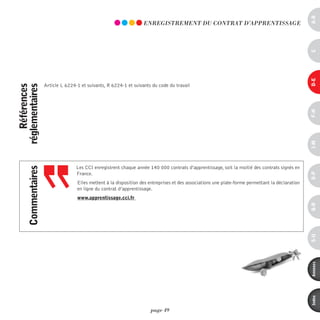 a-B
                                                                    EnREGiSTREmEnT dU COnTRAT d’AppREnTiSSAGE




                                                                                                                                                   c
                                                                                                                                                   d-e
                     Article L 6224-1 et suivants, R 6224-1 et suivants du code du travail
    références
réglementaires




                                                                                                                                                   F-H
                                                                                                                                                   i-M
                                    Les CCI enregistrent chaque année 140 000 contrats d’apprentissage, soit la moitié des contrats signés en
      commentaires




                                    France.




                                                                                                                                                   o-p
                                    Elles mettent à la disposition des entreprises et des associations une plate-forme permettant la déclaration
                                    en ligne du contrat d’apprentissage.
                                    www.apprentissage.cci.fr




                                                                                                                                                   Q-r
                                                                                                                                                   s-U
                                                                                                                                                   annexes
                                                                                                                                                   index
                                                                       page 49
 
