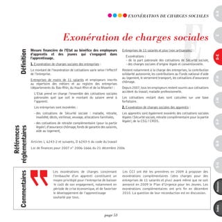 a-B
                                                                                                                                      E
                                                                                               EXOnéRATiOn dE ChARGES SOCiALES




                                             Exonération de charges sociales




                                                                                                                                                               c
                     Mesure financière de l’etat au bénéfice des employeurs                Entreprises de 11 salariés et plus (non artisanales) :
      définition



                     d’apprentis et des jeunes qui s’engagent dans




                                                                                                                                                               d-e
                                                                                             Exonérations :
                     l’apprentissage.
                                                                                             - de la part patronale des cotisations de Sécurité sociale,
                     1. Exonération de charges sociales des entreprises :                    - des charges sociales d’origine légale et conventionnelle.
                     Le montant de l’exonération de cotisations varie selon l’effectif     Restent notamment à la charge des entreprises, la contribution
                     de l’entreprise.                                                      solidarité autonomie, les contributions au Fonds national d’aide




                                                                                                                                                               F-H
                                                                                           au logement, le versement transport, les cotisations d’assurance
                     Entreprises de moins de 11 salariés et employeurs inscrits
                                                                                           chômage.
                     au répertoire des métiers et au registre des entreprises
                     (départements du Bas-Rhin, du Haut-Rhin et de la Moselle) :           Depuis 2007, tous les employeurs restent soumis aux cotisations
                                                                                           accident du travail, maladie professionnelle.
                       L’Etat prend en charge l’ensemble des cotisations sociales
                       patronales quel que soit le montant du salaire versé à              Les cotisations restant dues sont calculées sur une base




                                                                                                                                                               i-M
                       l’apprenti.                                                         forfaitaire.
                       Les entreprises sont exonérées :                                    2. Exonération de charges sociales des apprentis :
                       - des cotisations de Sécurité sociale  : maladie, retraite,         Les apprentis sont également exonérés des cotisations sociales
                         invalidité, décès, vieillesse, veuvage, allocations familiales,   légales (Sécurité sociale, retraite complémentaire pour la partie




                                                                                                                                                               o-p
                                                                                           légale), de la CSG / CRDS.
                       - des cotisations de retraite complémentaire (pour la partie
                         légale), d’assurance chômage, fonds de garantie des salaires,
    références
réglementaires




                         aide au logement,


                     Articles L 6243-2 et suivants, D 6243-5 du code du travail




                                                                                                                                                               Q-r
                     Loi de finances pour 2007 n° 2006-1666 du 21 décembre 2006




                                                                                                                                                               s-U
                                     Les exonérations de charges concernant                Les CCI ont été les premières en 2009 à proposer des
      commentaires




                                     l’embauche d’un apprenti constituent un               exonérations complémentaires (zéro charges pour des
                                     moyen privilégié pour l’entreprise de baisser         entreprises de 11 salariés et plus) avant même que ne soit




                                                                                                                                                               annexes
                                     le coût de son engagement, notamment en               annoncé en 2009 le Plan d’Urgence pour les Jeunes. Les
                                     période de crise économique, et de favoriser          exonérations complémentaires ont pris fin en décembre
                                     le développement de l’apprentissage                   2010. La question de leur reconduction est en discussion.
                                     souhaité par tous.




                                                                                                                                                               index
                                                                              page 53
 