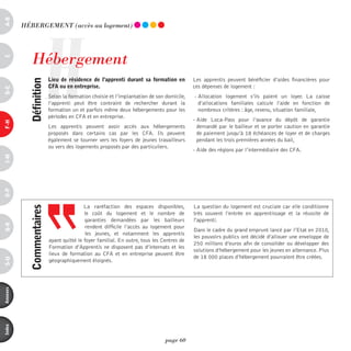 a-B




                       H
          héBERGEmEnT (accès au logement)




             hébergement
c




                           lieu de résidence de l’apprenti durant sa formation en          Les apprentis peuvent bénéficier d’aides financières pour
            définition



                           cFa ou en entreprise.                                           ces dépenses de logement :
d-e




                           Selon la formation choisie et l’implantation de son domicile,   - Allocation logement s’ils paient un loyer. La caisse
                           l’apprenti peut être contraint de rechercher durant la            d’allocations familiales calcule l’aide en fonction de
                           formation un et parfois même deux hébergements pour les           nombreux critères : âge, revenu, situation familiale,
                           périodes en CFA et en entreprise.
                                                                                           - Aide Loca-Pass pour l’avance du dépôt de garantie
F-H




                           Les apprentis peuvent avoir accès aux hébergements                demandé par le bailleur et se porter caution en garantie
                           proposés dans certains cas par les CFA. Ils peuvent               de paiement jusqu’à 18 échéances de loyer et de charges
                           également se tourner vers les foyers de jeunes travailleurs       pendant les trois premières années du bail,
                           ou vers des logements proposés par des particuliers.
                                                                                           - Aide des régions par l’intermédiaire des CFA.
i-M
o-p




                                           La raréfaction des espaces disponibles,         La question du logement est cruciale car elle conditionne
            commentaires




                                           le coût du logement et le nombre de             très souvent l’entrée en apprentissage et la réussite de
                                           garanties demandées par les bailleurs           l'apprenti.
Q-r




                                           rendent difficile l’accès au logement pour
                                                                                           Dans le cadre du grand emprunt lancé par l’Etat en 2010,
                                           les jeunes, et notamment les apprentis
                                                                                           les pouvoirs publics ont décidé d’allouer une enveloppe de
                           ayant quitté le foyer familial. En outre, tous les Centres de
                                                                                           250 millions d’euros afin de consolider ou développer des
                           Formation d’Apprentis ne disposent pas d’internats et les
                                                                                           solutions d’hébergement pour les jeunes en alternance. Plus
                           lieux de formation au CFA et en entreprise peuvent être
                                                                                           de 18 000 places d’hébergement pourraient être créées.
s-U




                           géographiquement éloignés.
annexes
index




                                                                               page 60
 