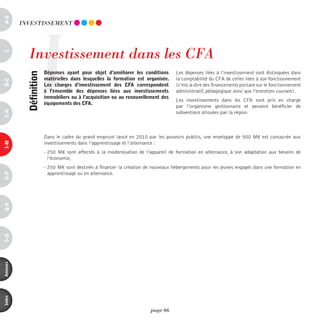 a-B




                     I
          invESTiSSEmEnT




             investissement dans les CFA
c




                         dépenses ayant pour objet d’améliorer les conditions       Les dépenses liées à l’investissement sont distinguées dans
            définition



                         matérielles dans lesquelles la formation est organisée.    la comptabilité du CFA de celles liées à son fonctionnement
d-e




                         les charges d’investissement des cFa correspondent         (c’est-à-dire des financements portant sur le fonctionnement
                         à l’ensemble des dépenses liées aux investissements        administratif, pédagogique ainsi que l’entretien courant).
                         immobiliers ou à l’acquisition ou au renouvellement des
                                                                                    Les investissements dans les CFA sont pris en charge
                         équipements des cFa.
                                                                                    par l’organisme gestionnaire et peuvent bénéficier de
F-H




                                                                                    subventions allouées par la région.



                         Dans le cadre du grand emprunt lancé en 2010 par les pouvoirs publics, une enveloppe de 500 M€ est consacrée aux
                         investissements dans l’apprentissage et l’alternance :
i-M




                         - 250 M€ sont affectés à la modernisation de l’appareil de formation en alternance, à son adaptation aux besoins de
                           l’économie,
                         - 250 M€ sont destinés à financer la création de nouveaux hébergements pour les jeunes engagés dans une formation en
                           apprentissage ou en alternance.
o-p
Q-r
s-U
annexes
index




                                                                         page 66
 