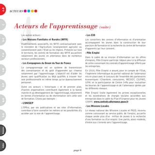 a-B




               A
          ACTEURS




            Acteurs de l'apprentissage (suite)
c




                Les autres acteurs :                                              - les cio
d-e




                - les Maisons Familiales et rurales (MFr)                         Les conseillers des centres d’information et d’orientation
                                                                                  accompagnent les jeunes dans la construction de leur
                Etablissements associatifs, les MFR contractualisent avec
                                                                                  parcours de formation et la recherche du centre de formation
                le ministère de l’Agriculture (enseignement agricole) ou
                                                                                  d’apprentis qui leur convient.
                conventionnent avec l’Etat ou les régions. Présents sur tout
                le territoire, les centres de formation des MFR accueillent       - pôle emploi
F-H




                notamment des jeunes en alternance dans de nombreux
                                                                                  Dans le cadre de sa mission d’information sur les offres
                secteurs professionnels.
                                                                                  d’emplois, Pôle Emploi participe (depuis peu) à la diffusion
                - les compagnons du devoir du tour de France                      de celles concernant les contrats d’apprentissage offerts par
                                                                                  les entreprises.
                Le compagnonnage est un système de transmission
i-M




                des connaissances et du goût d’apprendre qui s’exerce             En 2010, Pôle Emploi a assuré, pour le compte de l’Etat,
                notamment par l’apprentissage. L’objectif est d’aider les         l’ingénierie informatique du portail national de l’alternance
                jeunes sans qualification ou déjà qualifiés à trouver leur        mis en place avec le concours de l’ensemble des partenaires
                voie professionnelle en même temps qu’un épanouissement           économiques (Chambres consulaires, MEDEF, CGPME,
                personnel.                                                        UPA) et la participation de Centre Inffo pour mutualiser
o-p




                                                                                  les bourses de l’apprentissage et de l’alternance gérées par
                Outre ces acteurs «  historiques  » et de premier plan,
                                                                                  les différents réseaux.
                d’autres organisations contribuent également à la bonne
                marche et au développement de l’apprentissage, notamment          Pôle Emploi traite également les primes exceptionnelles
                en termes d’orientation ou de réorientation vers cette voie       et les exonérations de charges sociales accordées aux
                de formation. Citons par exemple :                                entreprises dans le cadre du Plan d’Urgence pour les Jeunes
Q-r




                                                                                  (2009). www.contrats-alternance.gouv.fr
                - l’onisep
                                                                                  - les Missions locales
                L’Office, par ses publications et ses sites d’information,
                contribue à faire connaître les métiers et les possibilités d’y   Le réseau national des Missions Locales et PAIO, reconnu
                accéder par la voie de l’apprentissage.                           comme concourant au service public de l’emploi, accueille
s-U




                                                                                  chaque année plus d’un million de jeunes à la recherche
                                                                                  d’une formation ou d’un emploi. Une partie, assez modeste,
                                                                                  d’entre eux s’oriente vers l’apprentissage.
annexes
index




                                                                      page 6
 