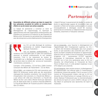 a-B
                                                                                                                        P
                                                                                                                     pARTEnARiATS




                                                                                                     partenariat




                                                                                                                                               c
               association de différents acteurs qui, dans le respect de       L’objectif fixé par le gouvernement de doubler le nombre de
définition



               leur autonomie, acceptent de mettre en commun leurs             jeunes en apprentissage suppose de reconsidérer dans son




                                                                                                                                               d-e
               efforts en vue de mener une action conjointe.                   ensemble la filière de formation professionnelle et conduit
                                                                               immanquablement à développer encore de nouveaux
               La logique de partenariat a constitué un levier de
                                                                               partenariats et à rechercher un redéploiement des ressources
               développement de l’apprentissage, en favorisant le
                                                                               existantes, notamment à l’Education nationale.
               rapprochement entre des organisations professionnelles, des




                                                                                                                                               F-H
               Chambres de Commerce et d’Industrie ou des Chambres de
               Métiers et de l’Artisanat et en permettant des collaborations
               avec des entreprises ou entre établissements d’enseignement.




                                                                                                                                               i-M
                              Les CCI ont déjà développé de nombreux           CCI et Universités : pour favoriser le développement de
commentaires




                              partenariats en matière d’apprentissage.         l’apprentissage dans l’enseignement supérieur, les CCI,
                              Quelques illustrations :                         en dehors des formations développées dans leurs propres
                                                                               écoles, se sont associées à des universités pour offrir aux
                               CCI et branches professionnelles : de
                                                                               jeunes une filière complète de formations en apprentissage,




                                                                                                                                               o-p
               nombreux CFA sont gérés dans le cadre d’un partenariat
                                                                               allant du CAP au master. A titre d’illustration, la formation
               associant la branche professionnelle et une chambre
                                                                               d’ingénieur E2I - anciennement IFITEP (spécialité
               consulaire. C’est le cas notamment du secteur de
                                                                               électronique et informatique industrielle du CFA de
               l’automobile qui a développé des accords sur l’ensemble
                                                                               l’UPMC) est le fruit d’un partenariat entre la CCI de
               du territoire dans les métiers des services de l’automobile
                                                                               Versailles Val d’Oise/Yvelines et l’Université de Paris




                                                                                                                                               Q-r
               (maintenance, carrosserie…).
                                                                               Pierre et Marie Curie. Il a été pendant longtemps le seul
               Exemples : CFA Gambetta - CCI de Paris, ICMA (Institut          CFA intégré à une université.
               Consulaire des Métiers de l'Automobile) - CCI du Mans.
                                                                               CCI et Entreprise : dans certains secteurs, le développement
               CCI et CMA : une vingtaine de CFA inter-consulaires sont        de l’apprentissage s’est effectué grâce à l’investissement
               depuis de nombreuses années gérés par des associations          d’entreprises, souvent des grandes. C'est le cas pour le CFA




                                                                                                                                               s-U
               regroupant des chambres consulaires. Une nouvelle forme         Institut de l'Environnement Urbain, créé par la CCI de
               d’organisation inter-consulaire, la «Faculté des Métiers »,     Versailles Val d’Oise/Yvelines et le groupe VEOLIA, ou le
               a par ailleurs été créée plus récemment. La Faculté des         Centre National Professionnel pour la Commercialisation
               Métiers de Ker Lann créée à Rennes forme par alternance         des Articles de Sports et Loisirs (CNPC) créé par la CCI




                                                                                                                                               annexes
               plus de 3600 jeunes dans 12 secteurs d’activité différents.     Pau Béarn en partenariat avec Quicksilver, GO Sport et
               La Faculté des Métiers de l’Essonne accueille 3 000 jeunes      Footlocker.
               dans 20 métiers.




                                                                                                                                               index
                                                                   page 79
 