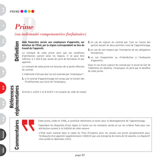 a-B




                                    P
            pRimE




                        prime
c




                        (ou indemnité compensatrice forfaitaire)
d-e




                                        aide financière versée aux employeurs d’apprentis, sur          2. en cas de rupture du contrat par l'une ou l'autre des
                      définition




                                        dotation de l’etat, par la région correspondant au lieu de         parties durant les deux premiers mois de l'apprentissage,
                                        travail de l’apprenti.
                                                                                                        3. en cas de non-respect par l’entreprise de ses obligations
                                        Le montant de cette prime ainsi que ses conditions                 formatrices,
F-H




                                        d’attribution varient selon les régions. Il ne peut être
                                                                                                        4. en cas d’opposition ou d’interdiction à l’embauche
                                        inférieur à 1 000 € par année de cycle de formation et par
                                                                                                           d’apprentis.
                                        apprenti.
                                                                                                        Dans le cas d’une rupture de contrat par le jeune du fait de
                                        Le montant de cette prime est fonction de la durée effective
                                                                                                        l’obtention du diplôme, l’employeur ne perd pas le bénéfice
                                        du contrat.
                                                                                                        de cette prime.
i-M




                                        L'indemnité n'est pas due (ou est reversée par l’employeur) :
                                        1. si le contrat d’apprentissage est rompu par le Conseil des
                                           Prud'hommes aux torts de l'employeur,
                           références
          commentaires réglementaires
o-p




                                        Articles L 6243-1 et D 6243-1 et suivants du code du travail
Q-r
s-U




                                                       Cette prime, créée en 1996, a constitué réellement un levier pour le développement de l’apprentissage.
                                                        Cependant les disparités d’une région à l’autre sur les montants versés et sur les critères fixés pour son
                                                        attribution nuisent à la lisibilité de cette mesure.
annexes




                                                        L'Etat avait institué dans le cadre du Plan d'Urgence pour les Jeunes une prime exceptionnelle pour
                                                        l'embauche d'un apprenti supplémentaire (1800 €) par une entreprise de moins de 50 salariés. Le dispositif
                                                        s'est arrêté en décembre 2010.
index




                                                                                            page 82
 